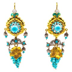 Pendientes "Flores" Estilo Art Nouveau Diamante Blanco Turquesa Esmalte Oro Amarillo