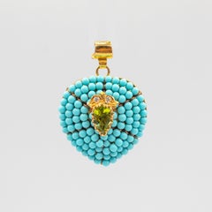 Art Nouveau Style White Diamond Turquoise Peridot Onyx Yellow Gold Heart Pendant