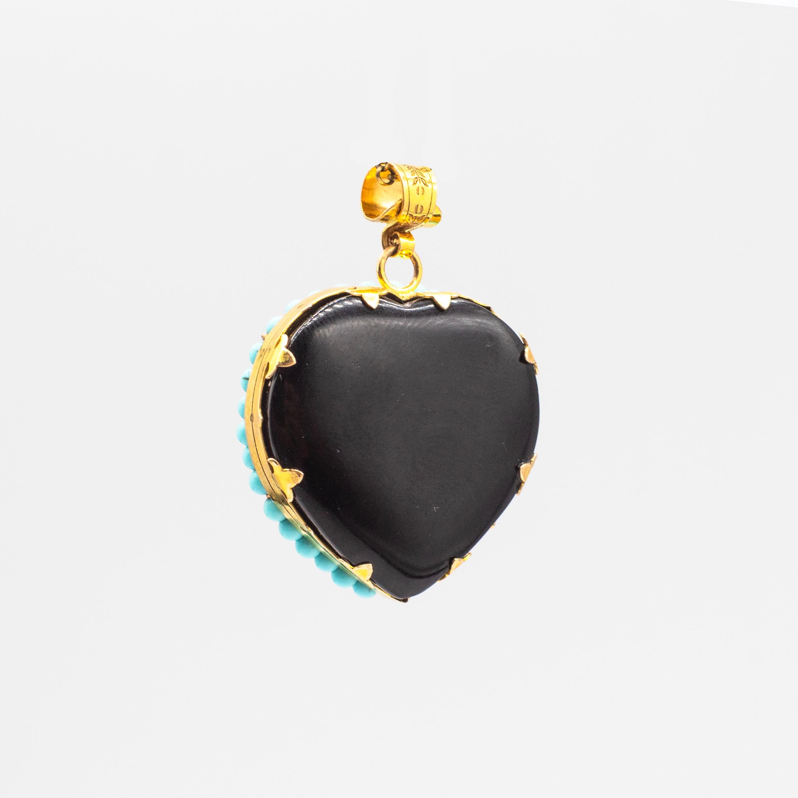 Art Nouveau Style White Diamond Turquoise Peridot Onyx Yellow Gold Heart Pendant im Zustand „Neu“ im Angebot in Naples, IT