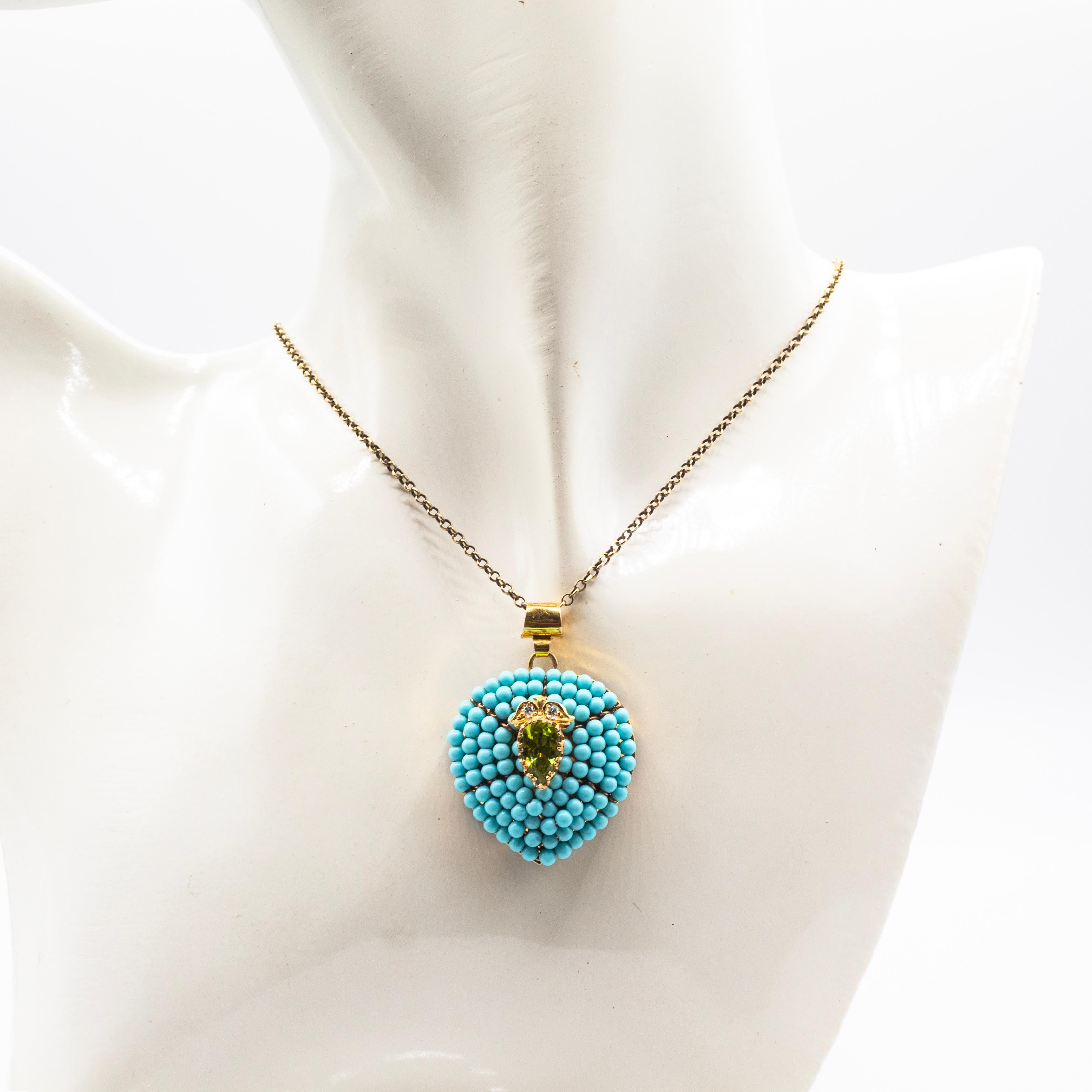 Art Nouveau Style White Diamond Turquoise Peridot Onyx Yellow Gold Heart Pendant im Angebot 1