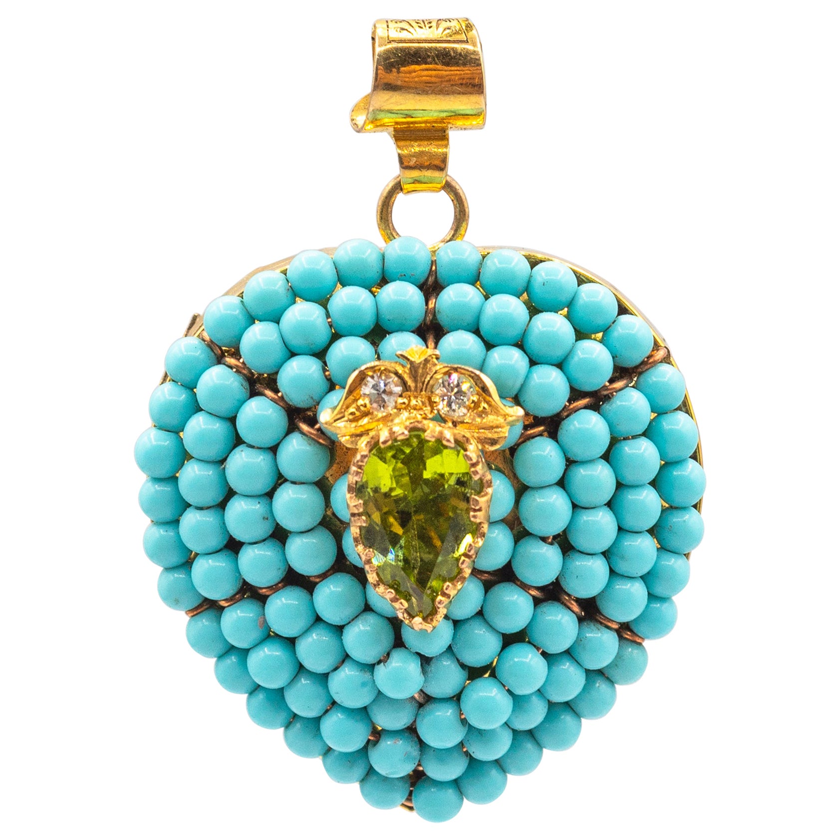 Art Nouveau Style White Diamond Turquoise Peridot Onyx Yellow Gold Heart Pendant im Angebot