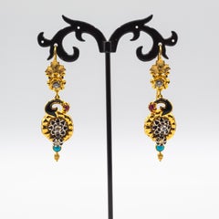 Pendientes "Flores" Estilo Art Nouveau Diamante Blanco Turquesa Rubí Oro Amarillo