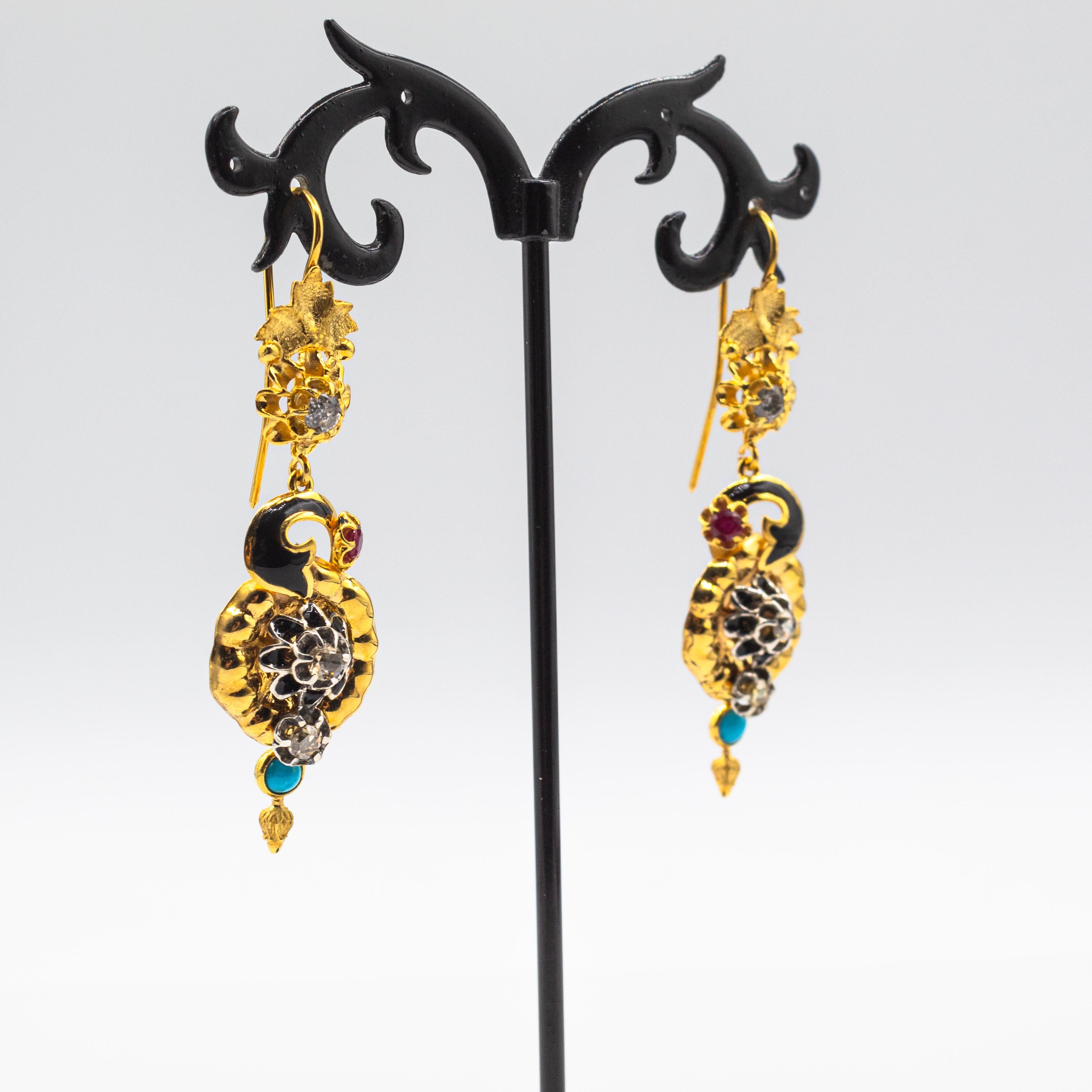 Rose Cut Art Nouveau Style White Diamond Turquoise Ruby Yellow Gold 