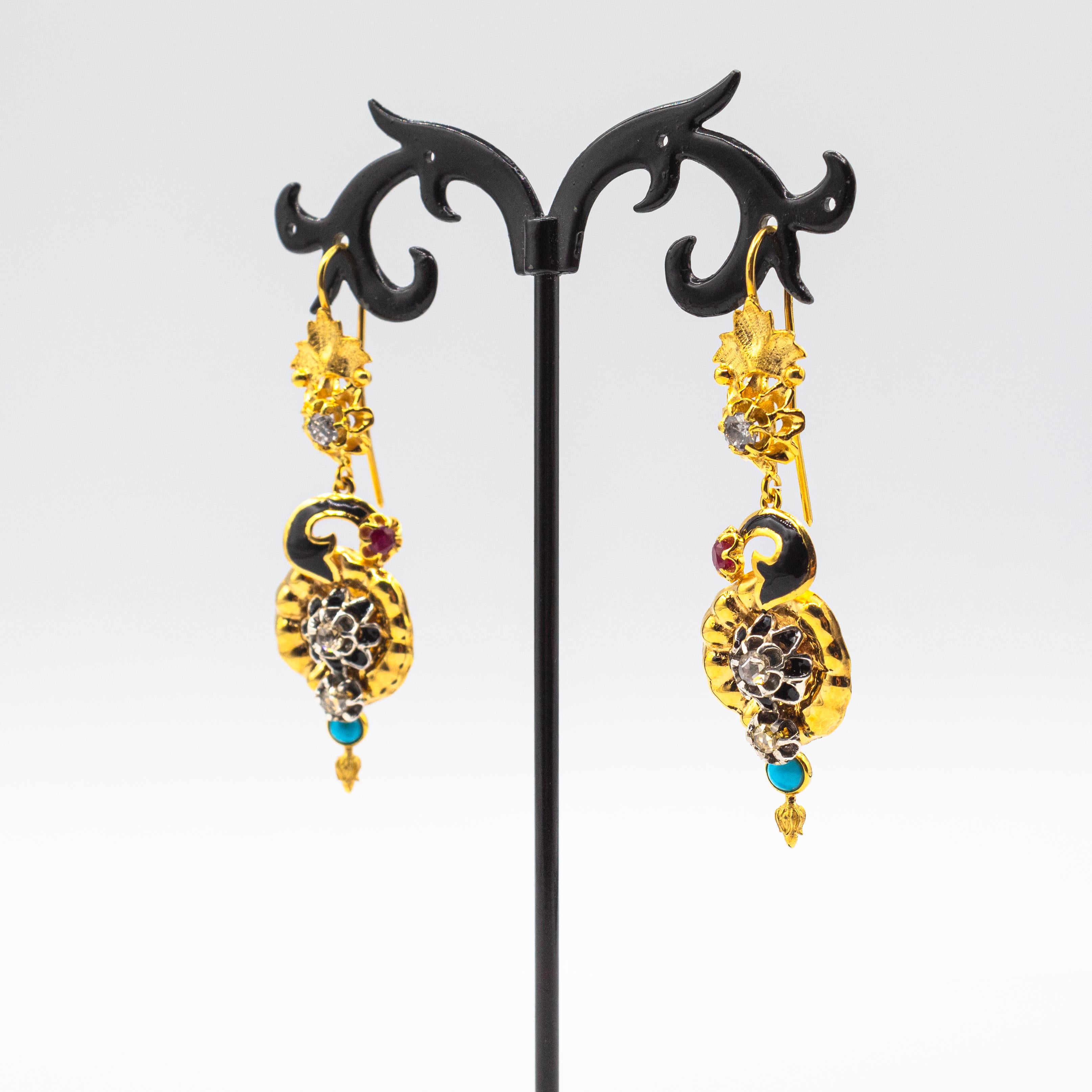 Women's or Men's Art Nouveau Style White Diamond Turquoise Ruby Yellow Gold 