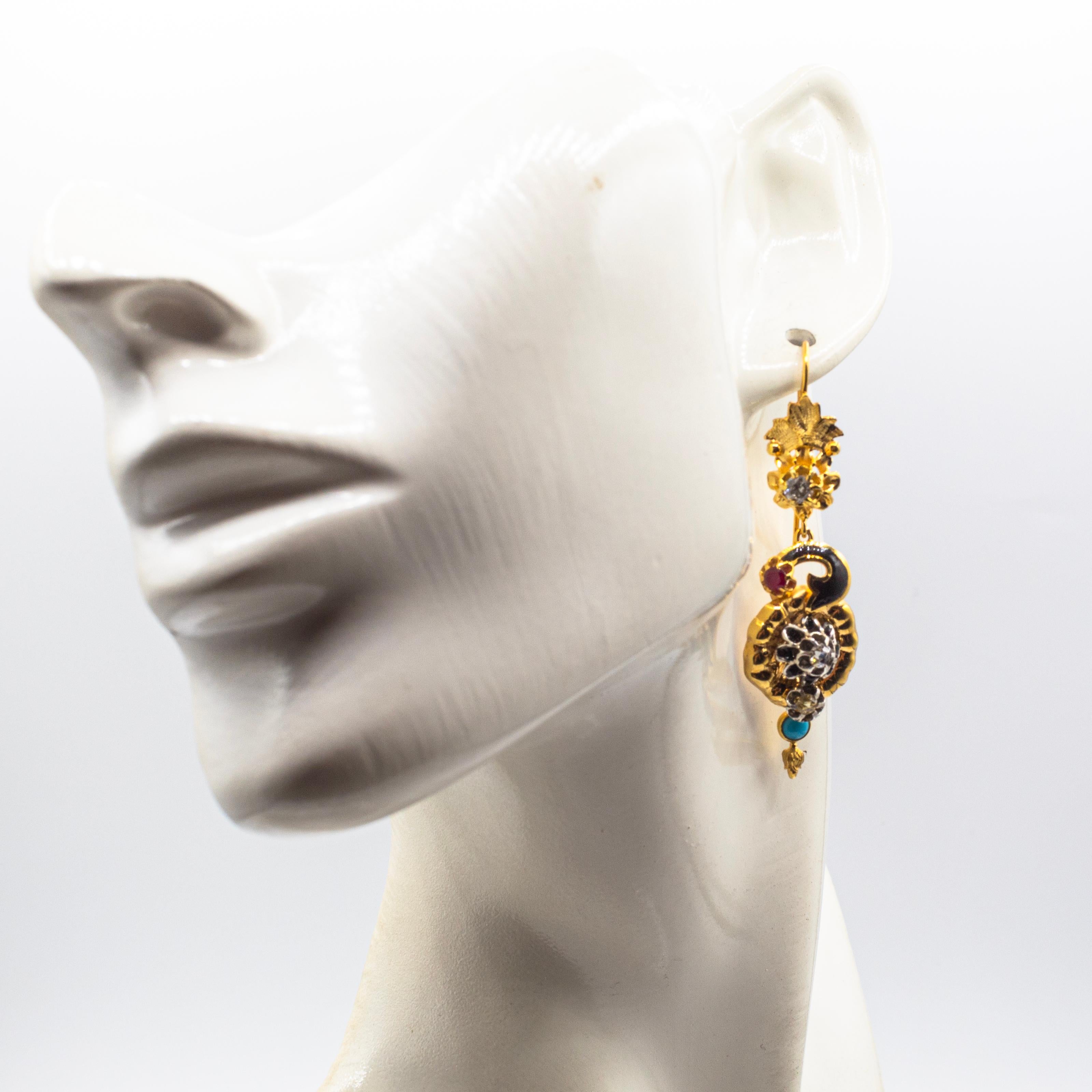 Art Nouveau Style White Diamond Turquoise Ruby Yellow Gold 