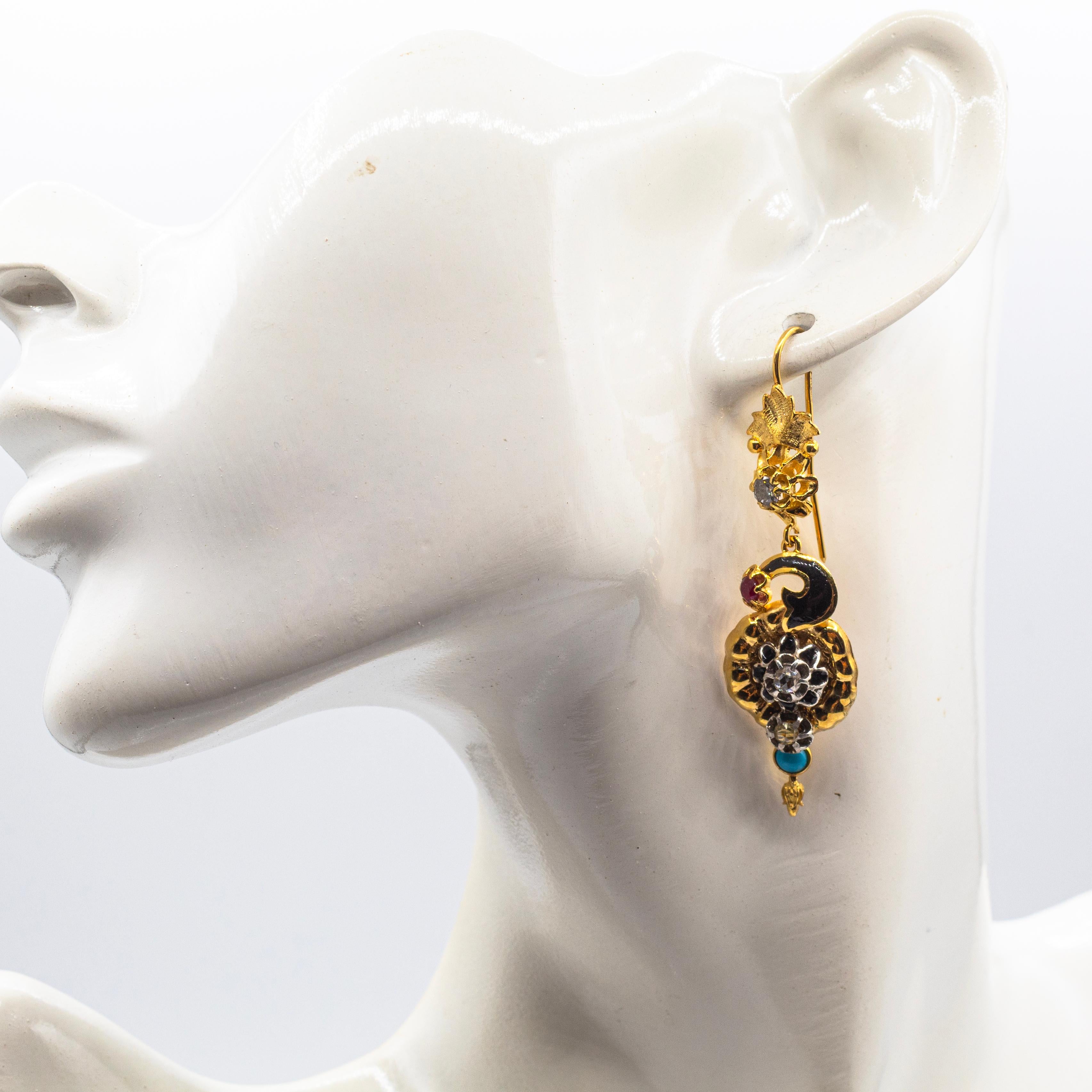 Art Nouveau Style White Diamond Turquoise Ruby Yellow Gold 