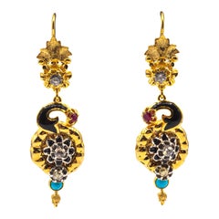 Pendientes "Flores" Estilo Art Nouveau Diamante Blanco Turquesa Rubí Oro Amarillo