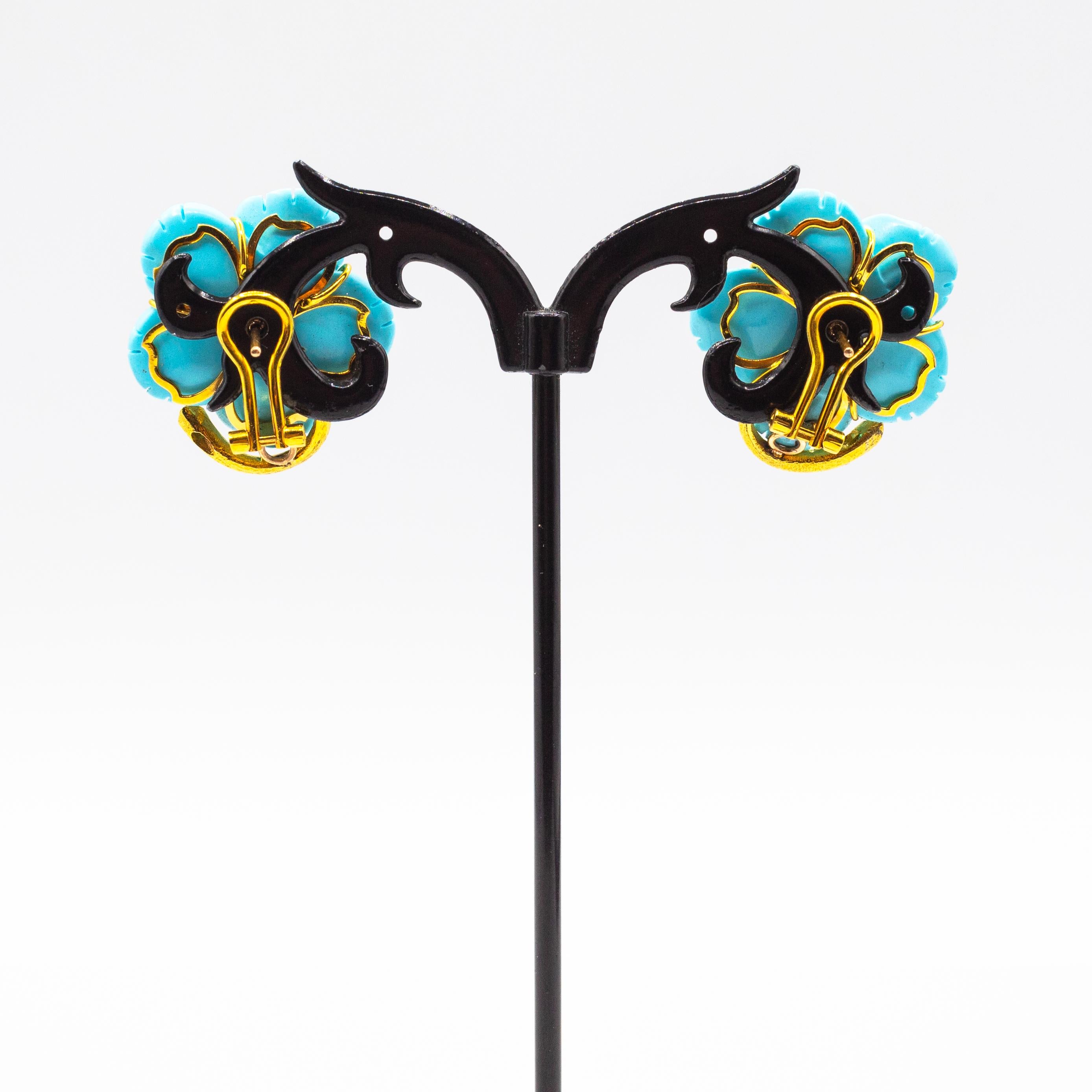Brilliant Cut Art Nouveau Style White Diamond Turquoise Yellow Gold Clip-On 