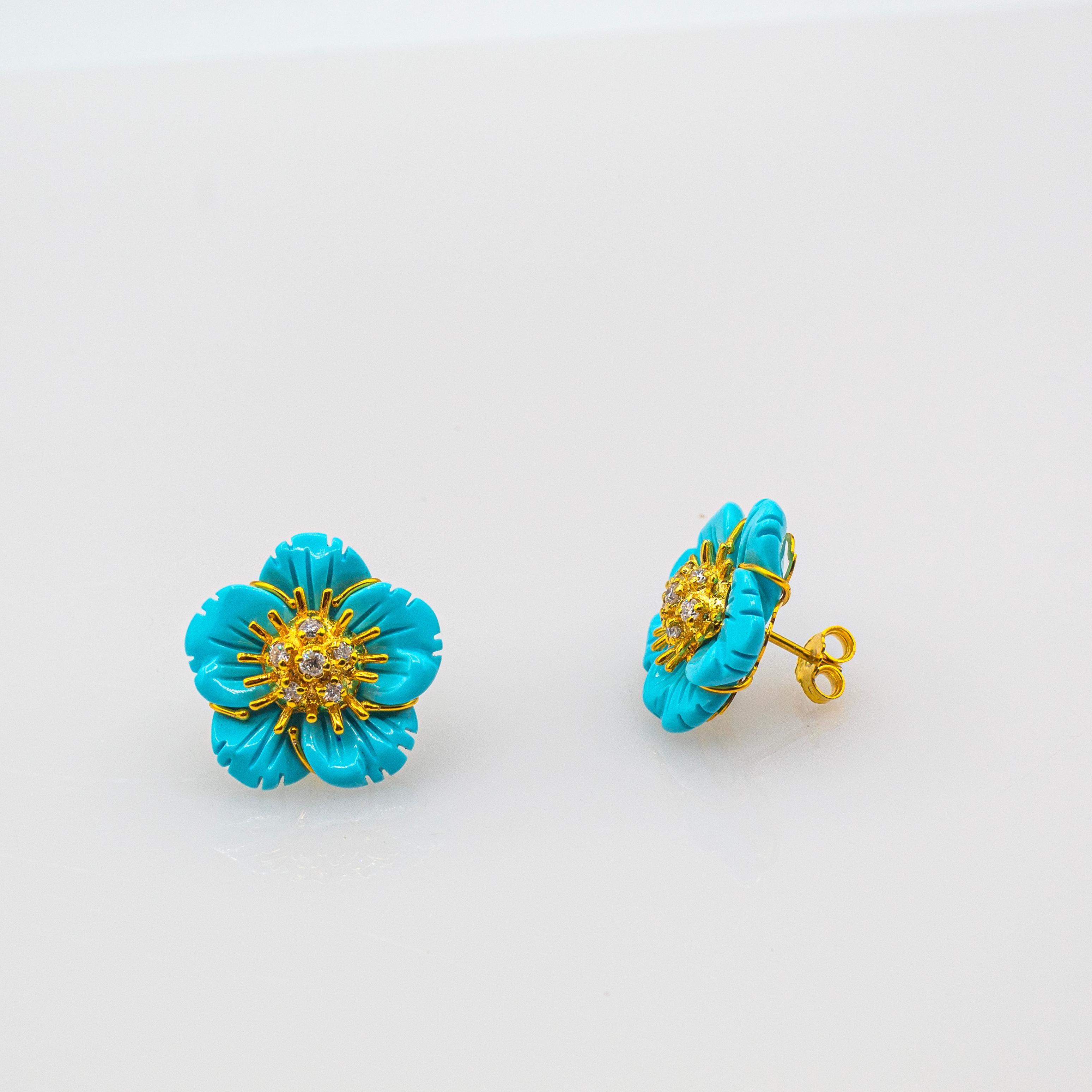 Art nouveau Boucles d'oreilles fleurs à clip en or jaune, diamant blanc et turquoise de style Art Nouveau en vente
