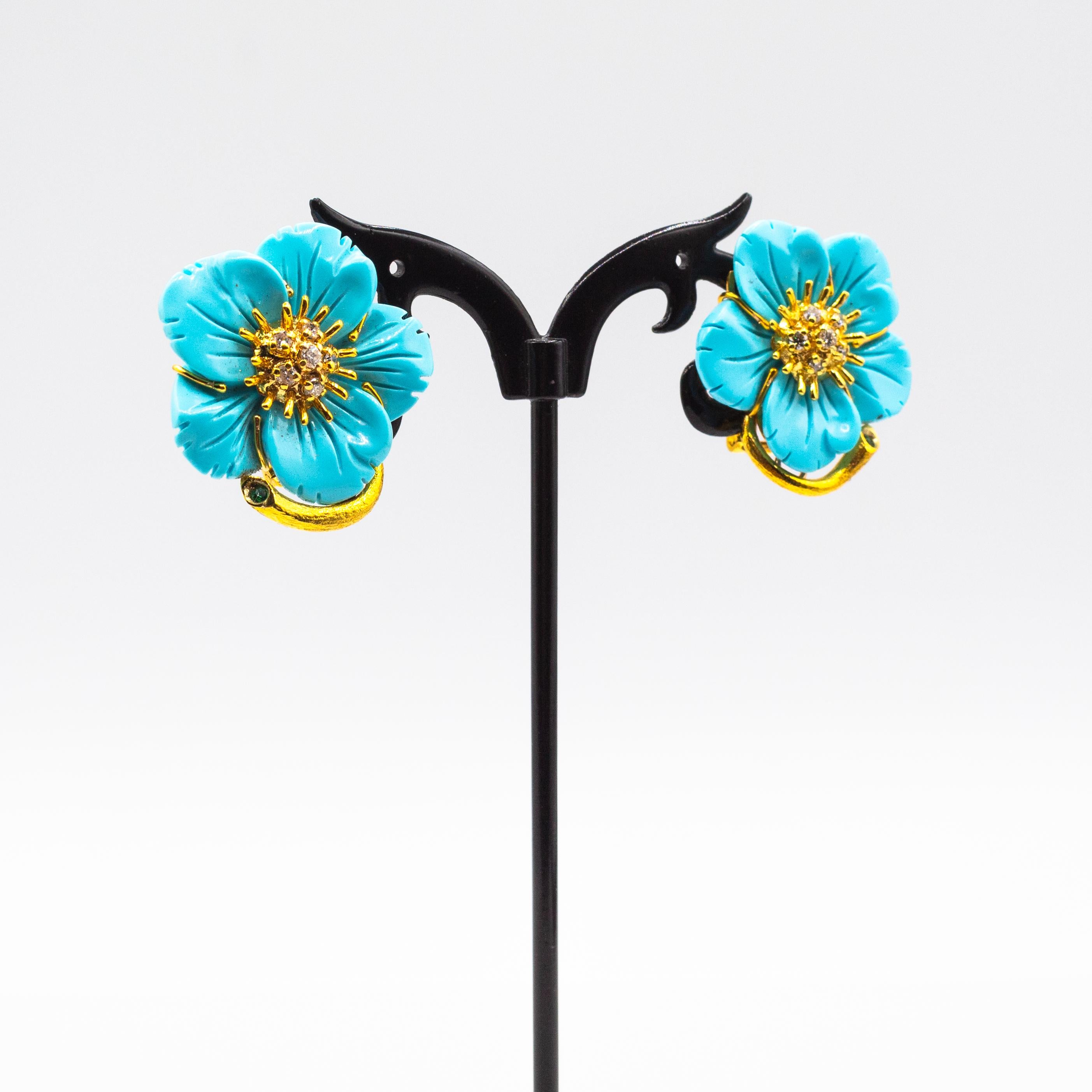 Art Nouveau Style White Diamond Turquoise Yellow Gold Clip-On 