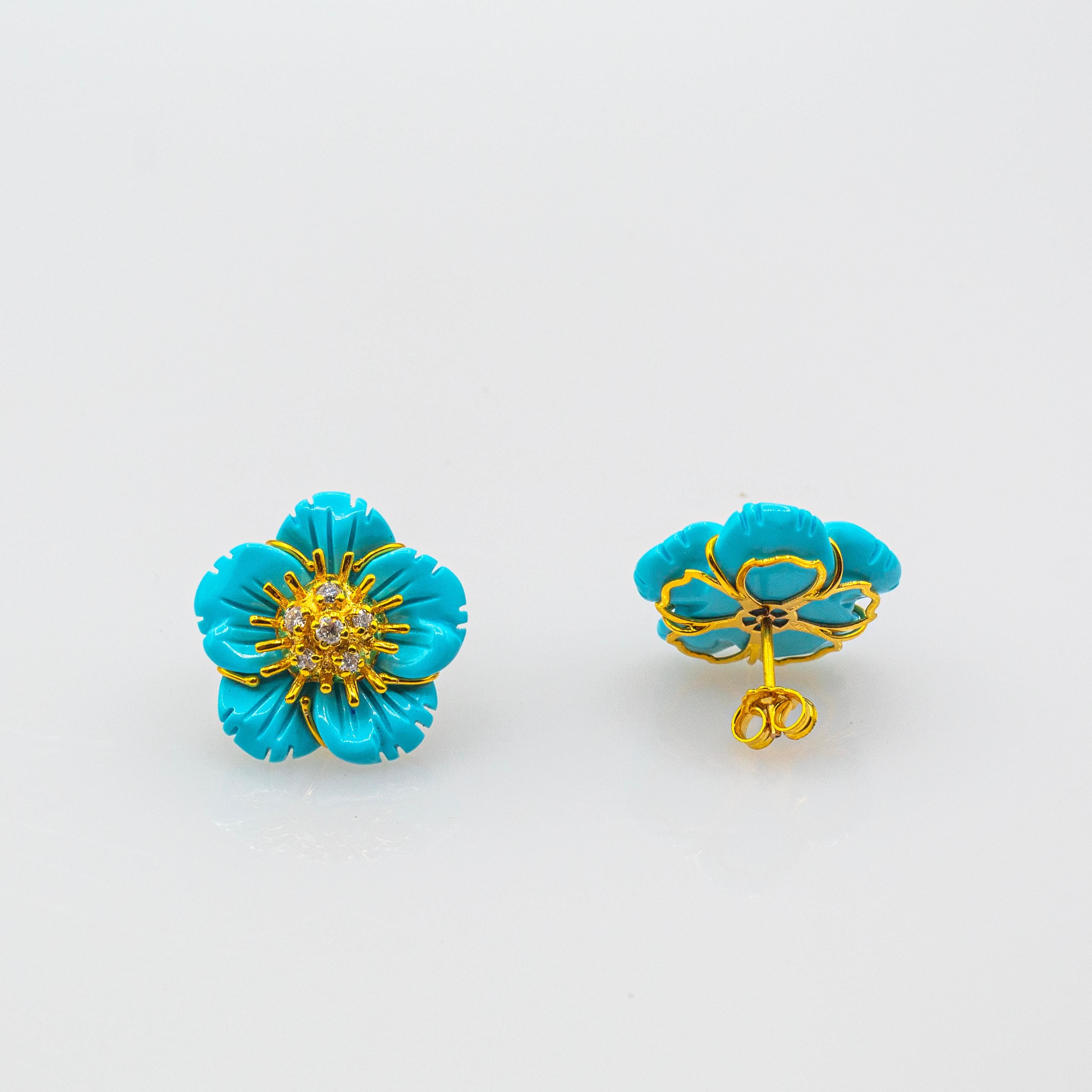 Taille ronde Boucles d'oreilles fleurs à clip en or jaune, diamant blanc et turquoise de style Art Nouveau en vente