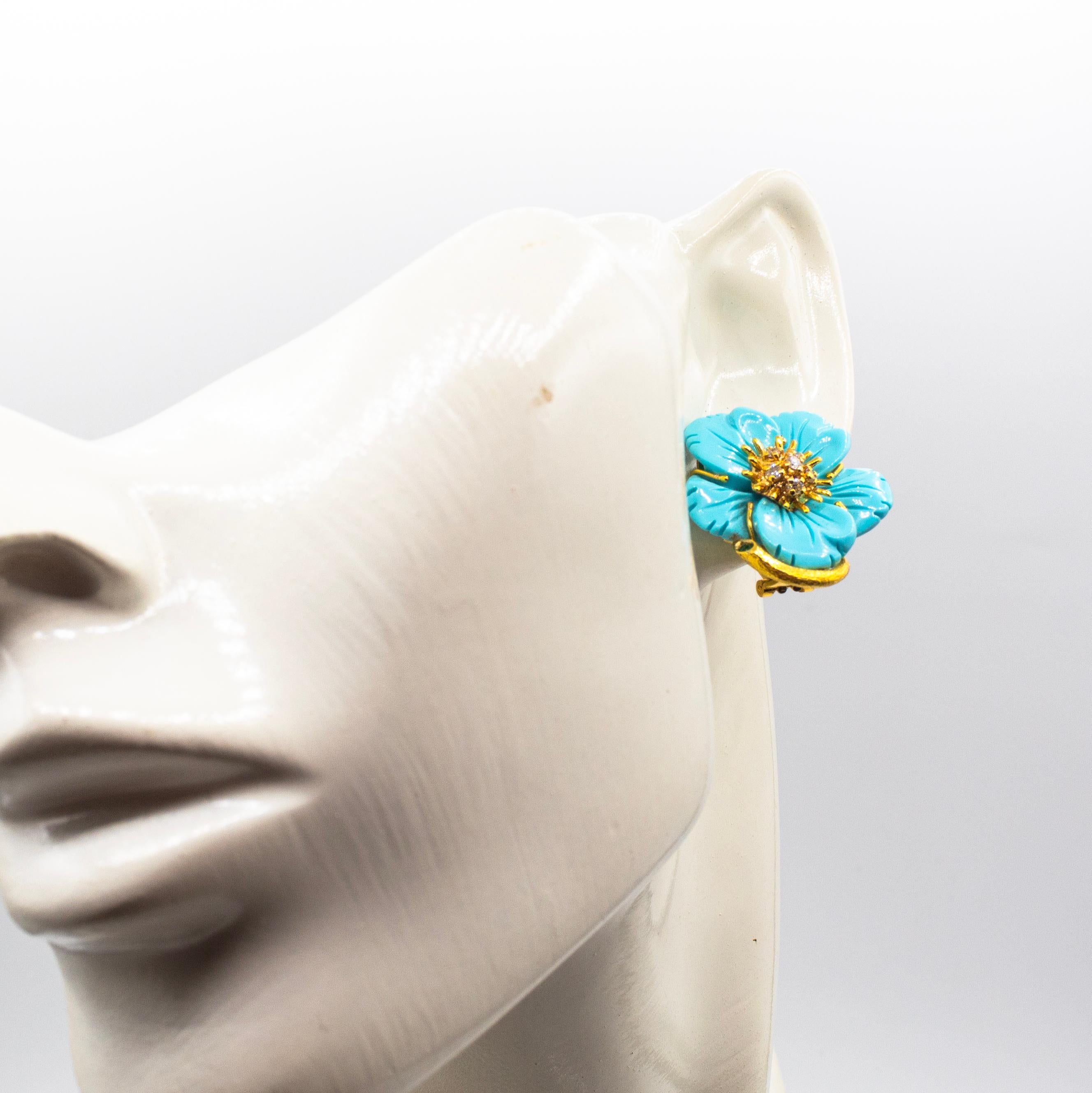 Women's or Men's Art Nouveau Style White Diamond Turquoise Yellow Gold Clip-On 