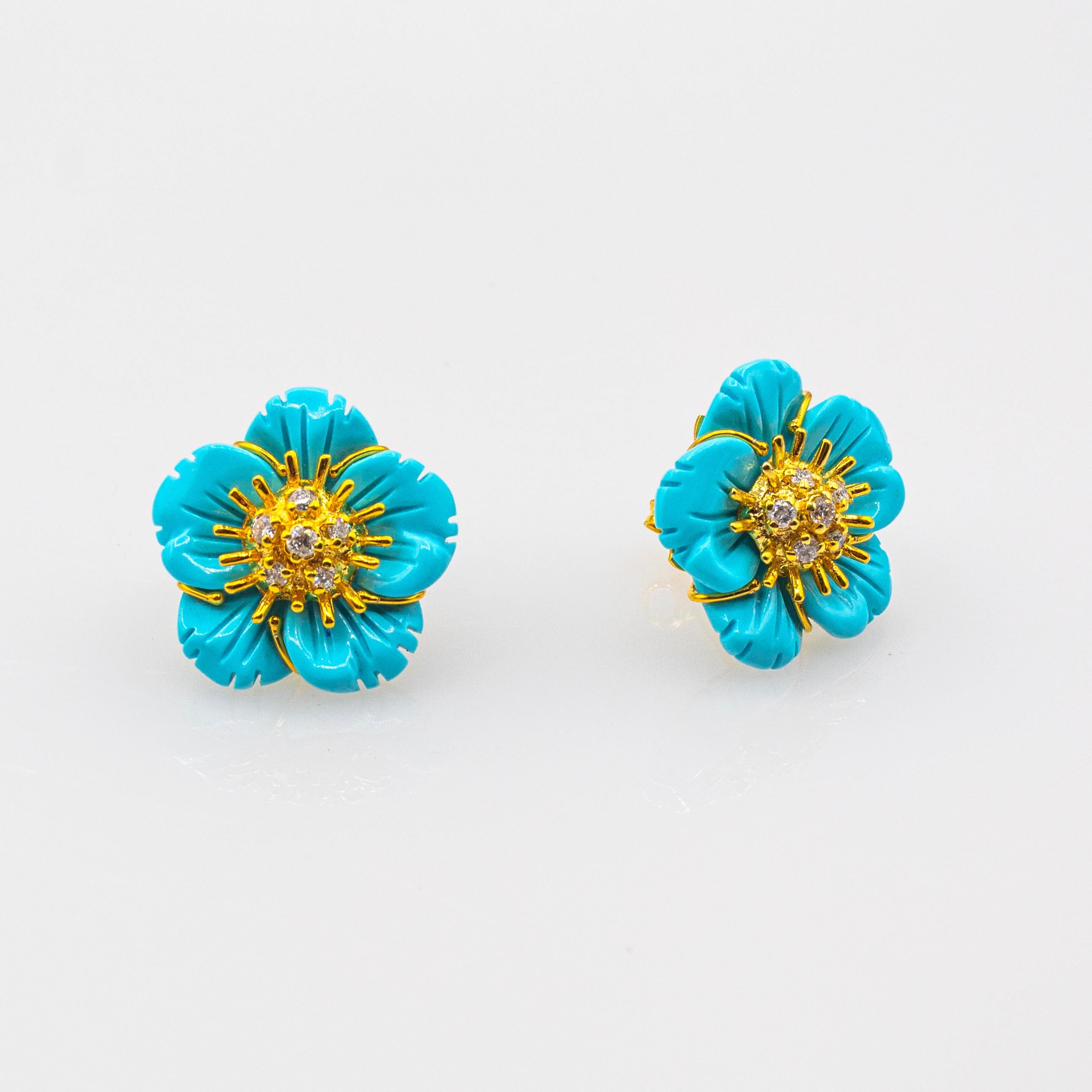 Boucles d'oreilles fleurs à clip en or jaune, diamant blanc et turquoise de style Art Nouveau Neuf - En vente à Naples, IT