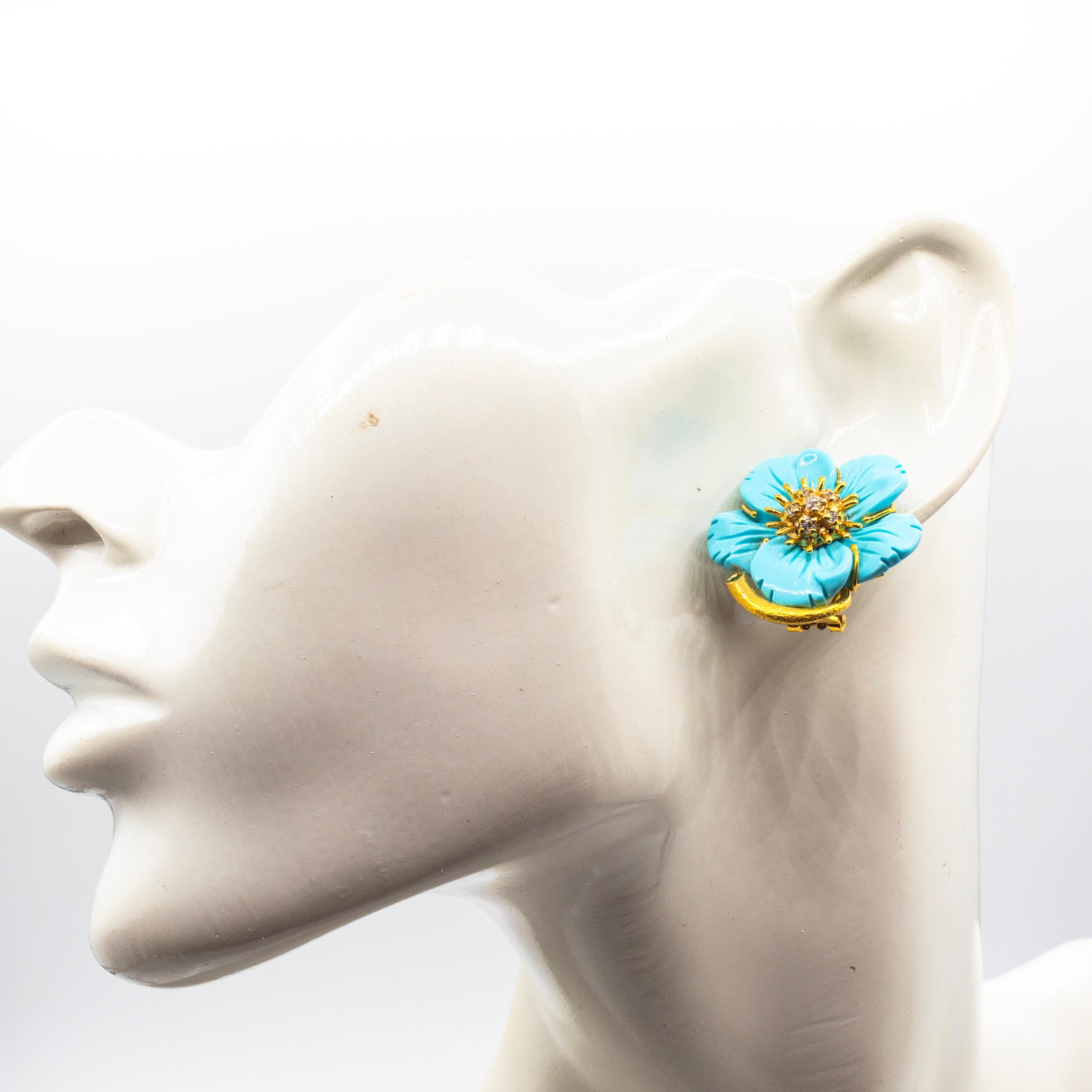 Art Nouveau Style White Diamond Turquoise Yellow Gold Clip-On 