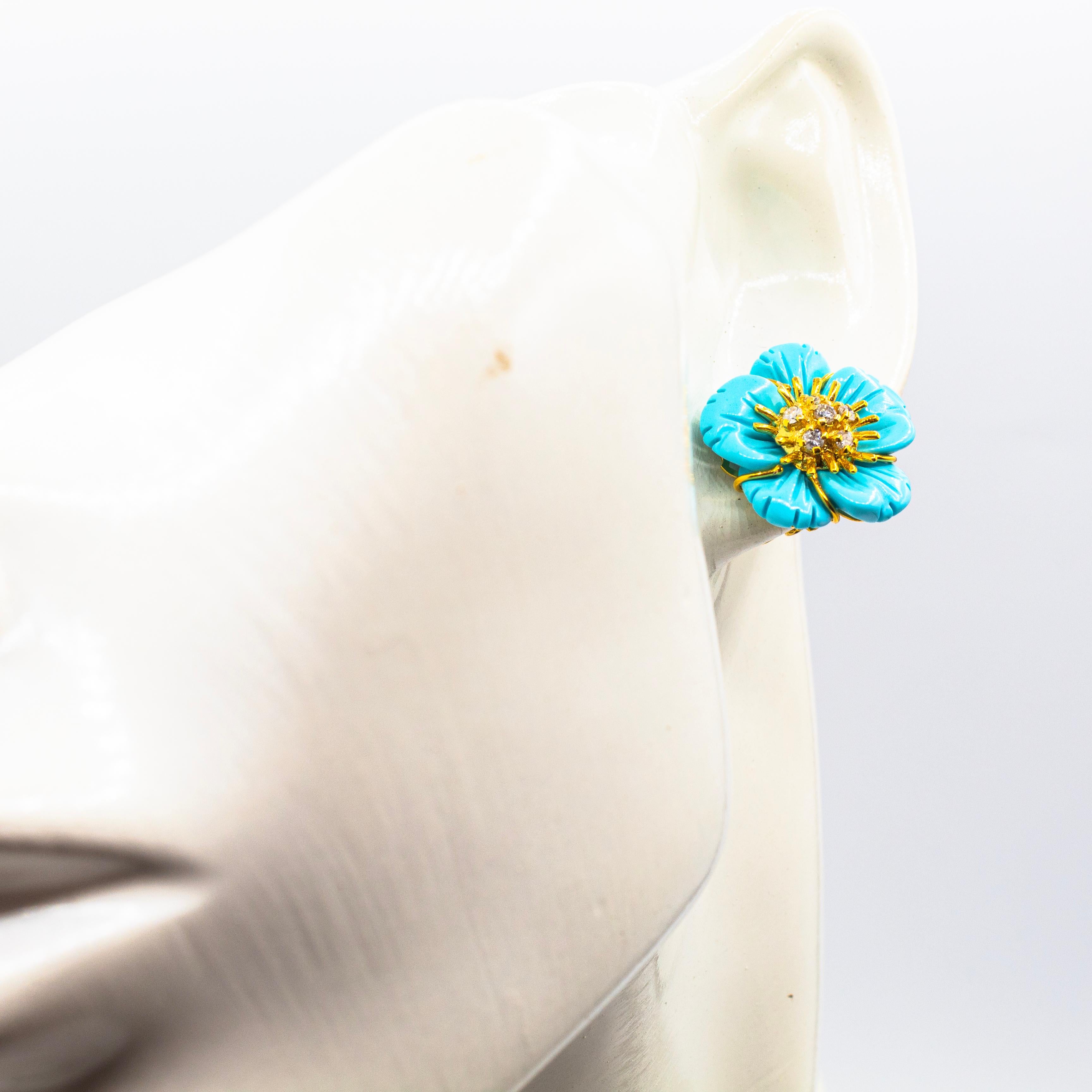 Boucles d'oreilles fleurs à clip en or jaune, diamant blanc et turquoise de style Art Nouveau Unisexe en vente
