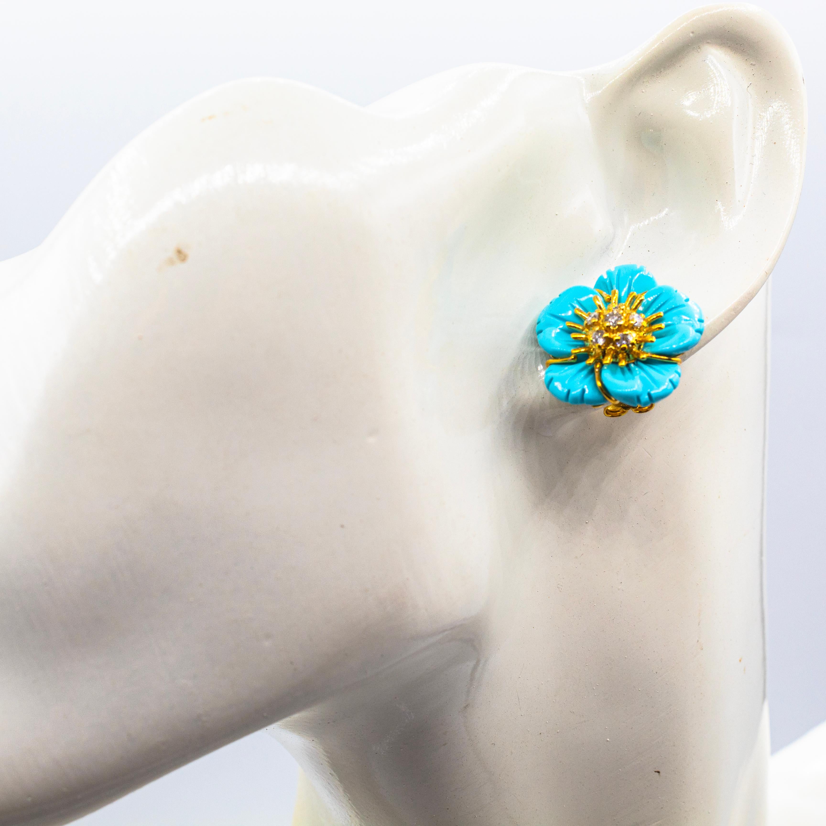 Boucles d'oreilles fleurs à clip en or jaune, diamant blanc et turquoise de style Art Nouveau en vente 1