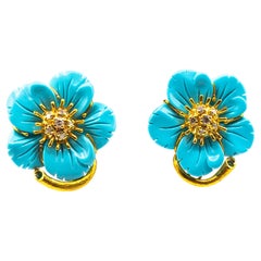 Art Nouveau Style White Diamond Turquoise Yellow Gold Clip-On "Flowers" Earrings