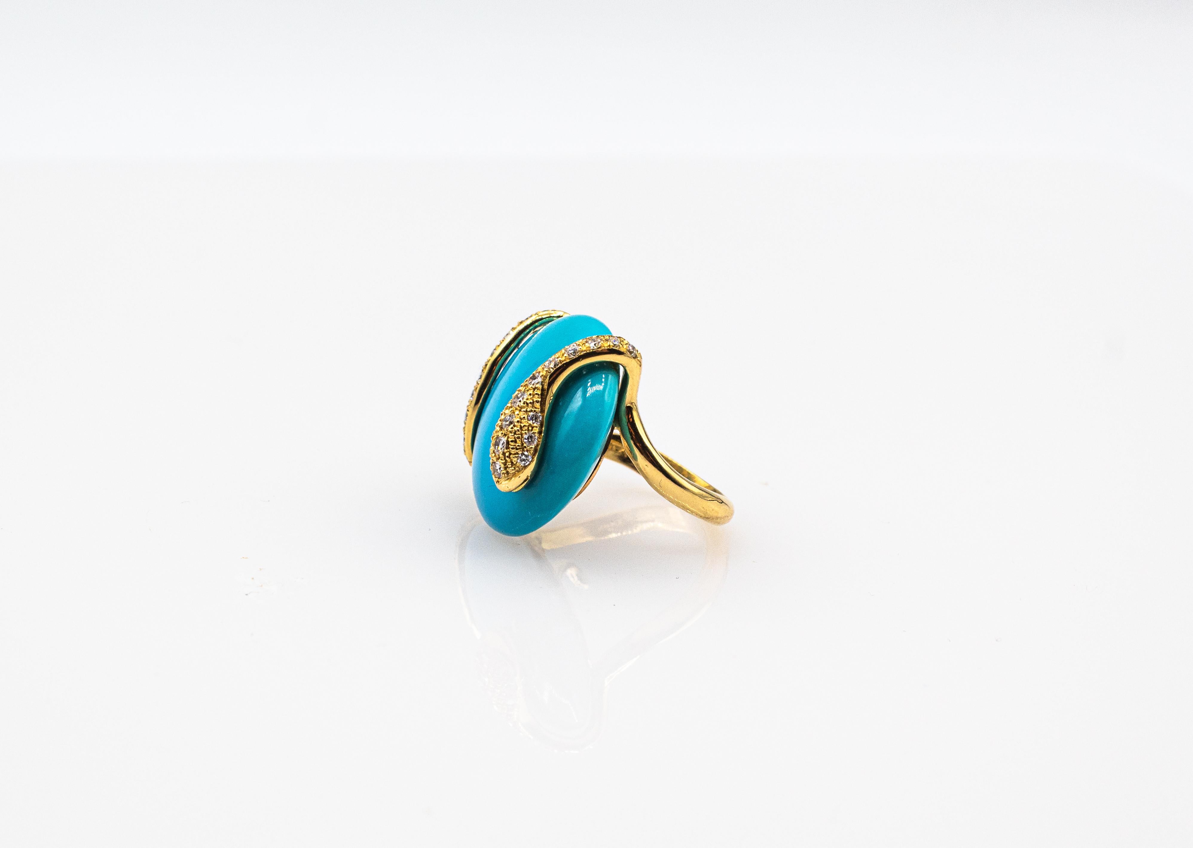 Art Nouveau Style White Diamond Turquoise Yellow Gold Cocktail 