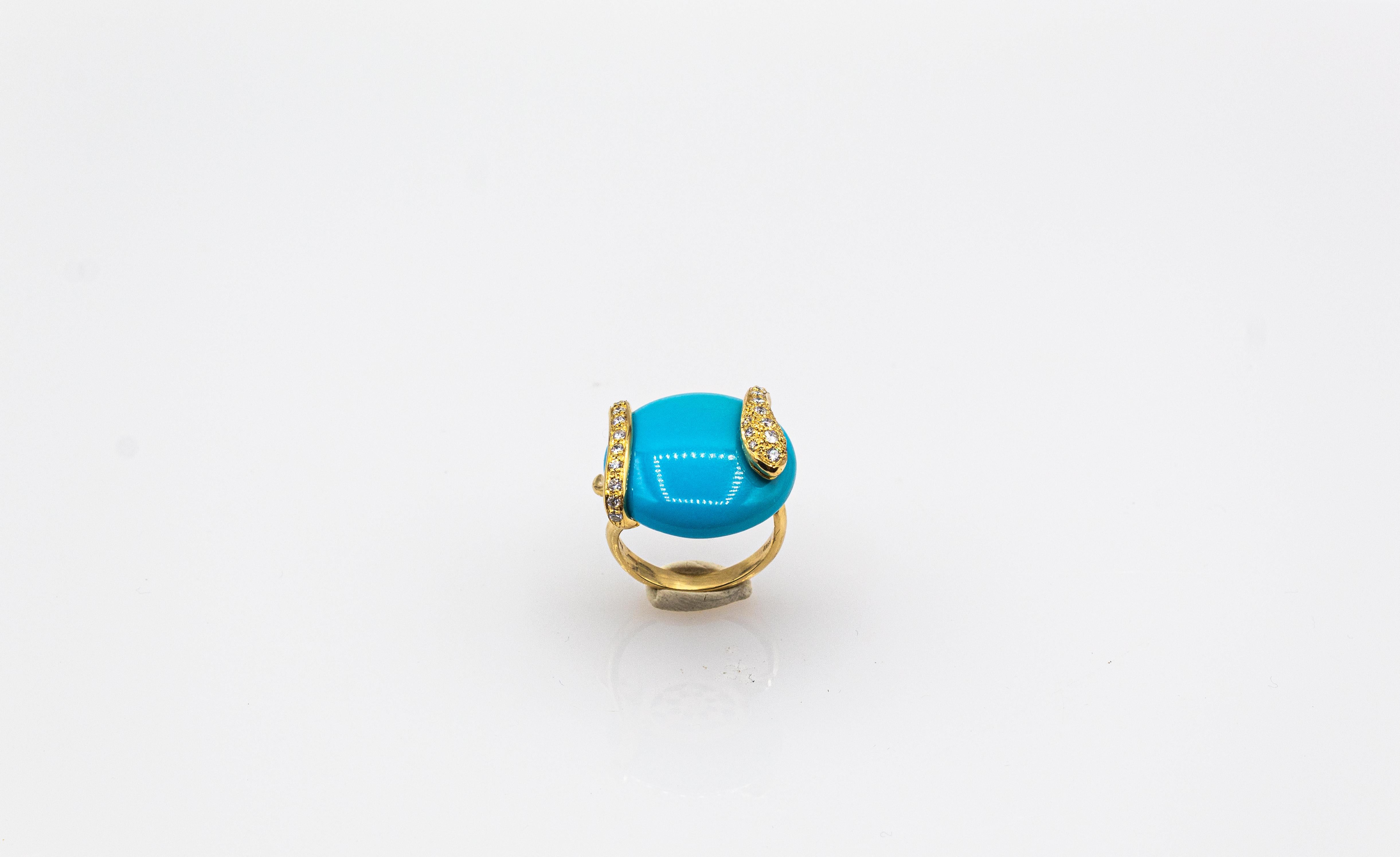 Brilliant Cut Art Nouveau Style White Diamond Turquoise Yellow Gold Cocktail 