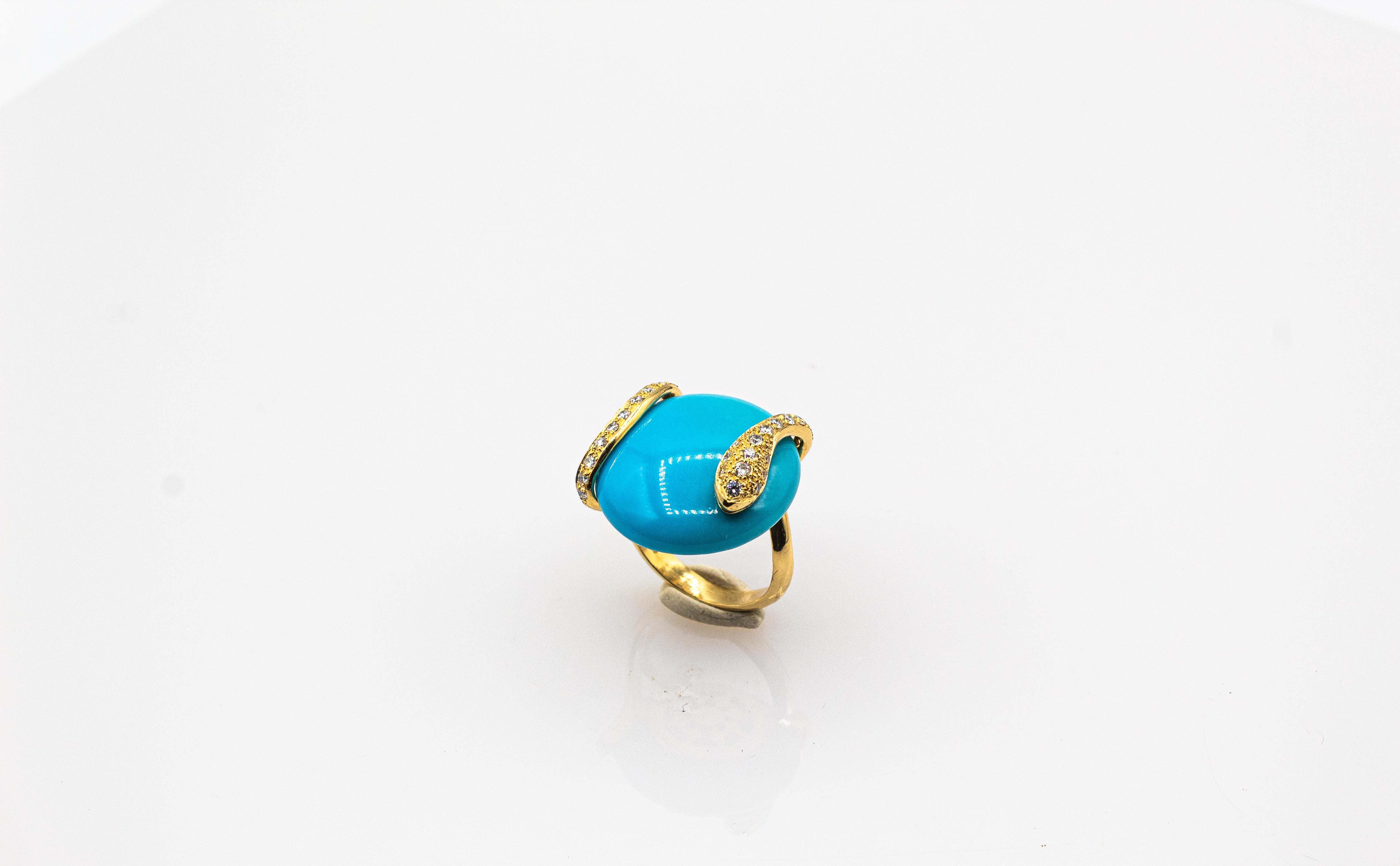 Women's or Men's Art Nouveau Style White Diamond Turquoise Yellow Gold Cocktail 