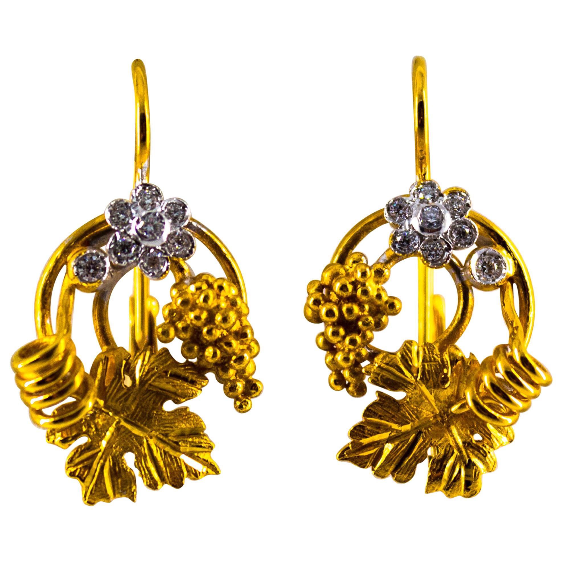 Art Nouveau Style White Diamond Yellow Gold Dangle "Flowers" Lever Back Earrings