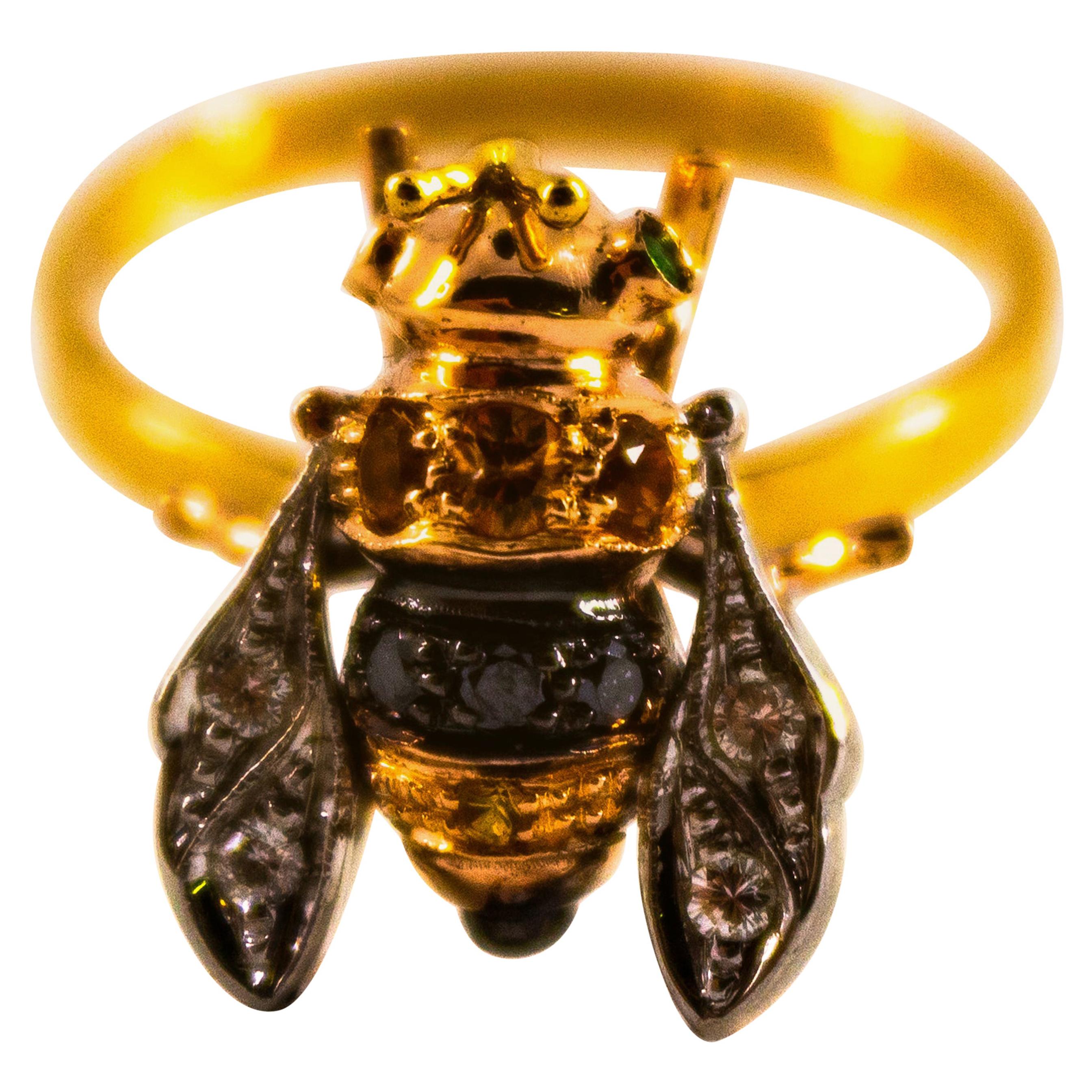 Art Nouveau Style White Diamond Yellow Sapphire Yellow Gold Cocktail "Bee" Ring