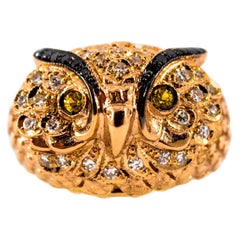 Art Nouveau Style White Diamond Yellow Sapphire Yellow Gold Cocktail "Owl" Ring