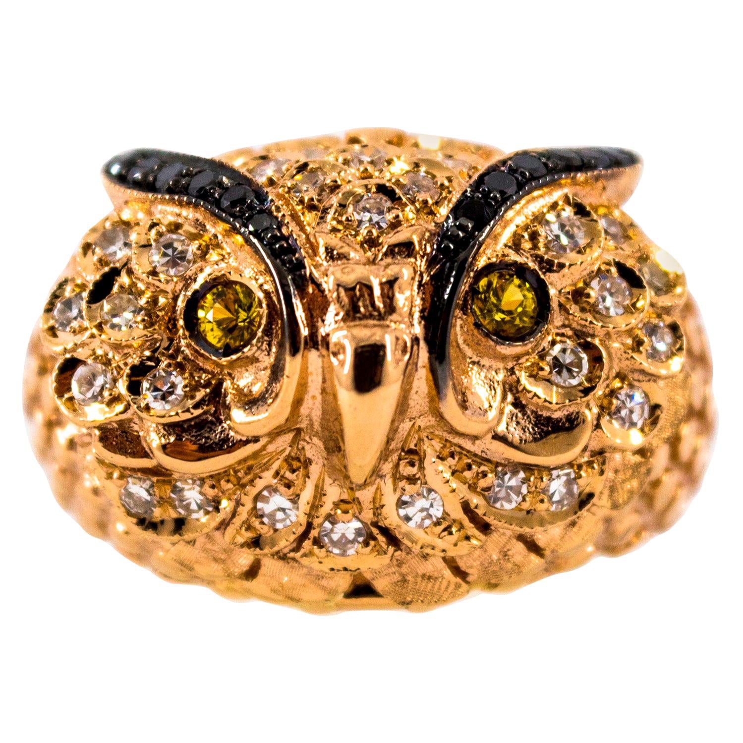 Bague cocktail hibou en or jaune avec diamants blancs et saphirs jaunes de style Art nouveau