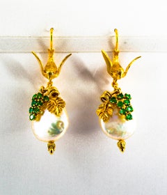 Art Nouveau Style White Diamonds Emerald Pearl Yellow Gold Stud Drop Earrings