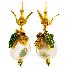 Art Nouveau Style White Diamonds Emerald Pearl Yellow Gold Stud Drop Earrings