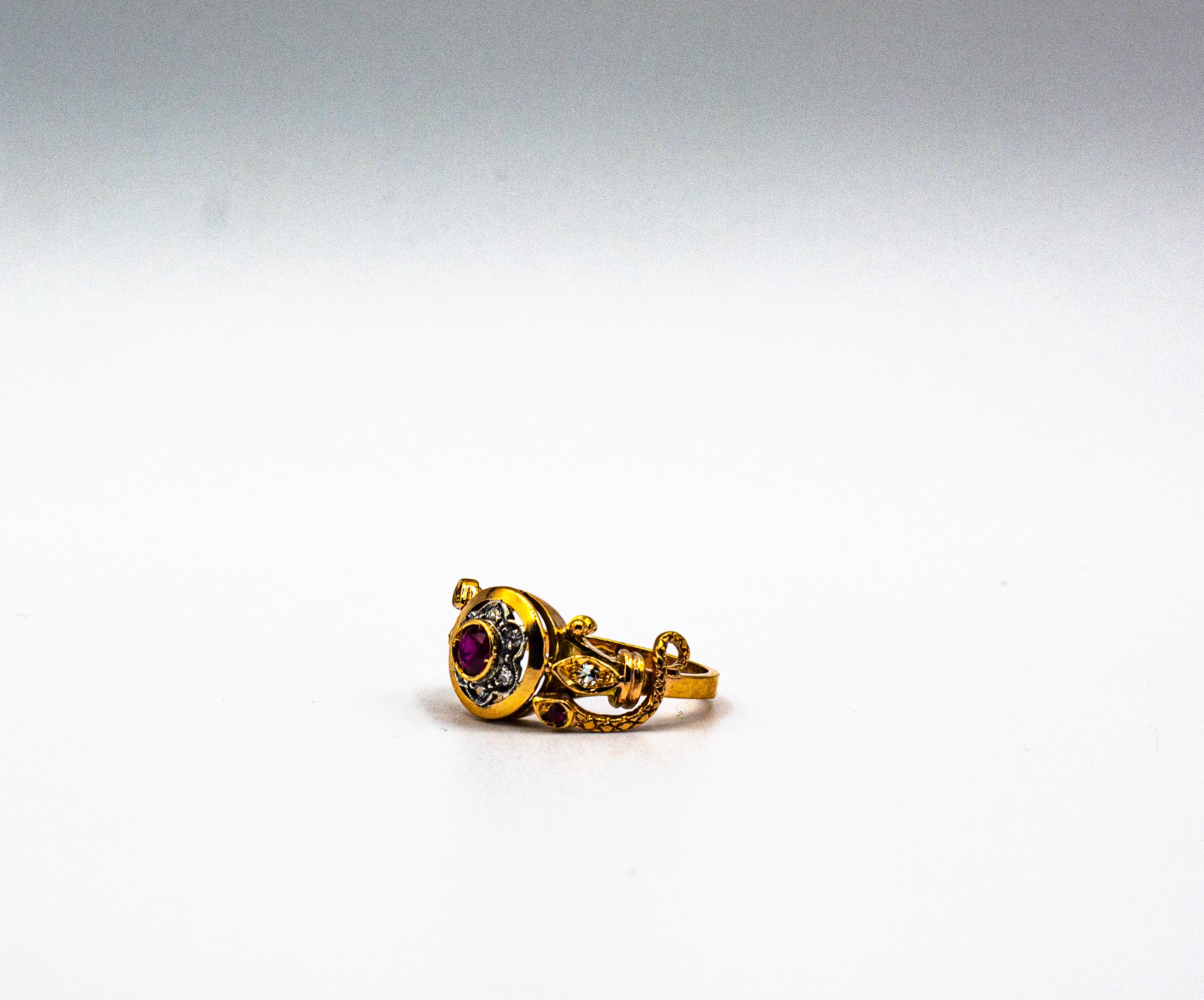 Art Nouveau Style White Old European Cut Diamond Ruby Yellow Gold Cocktail Ring For Sale 5
