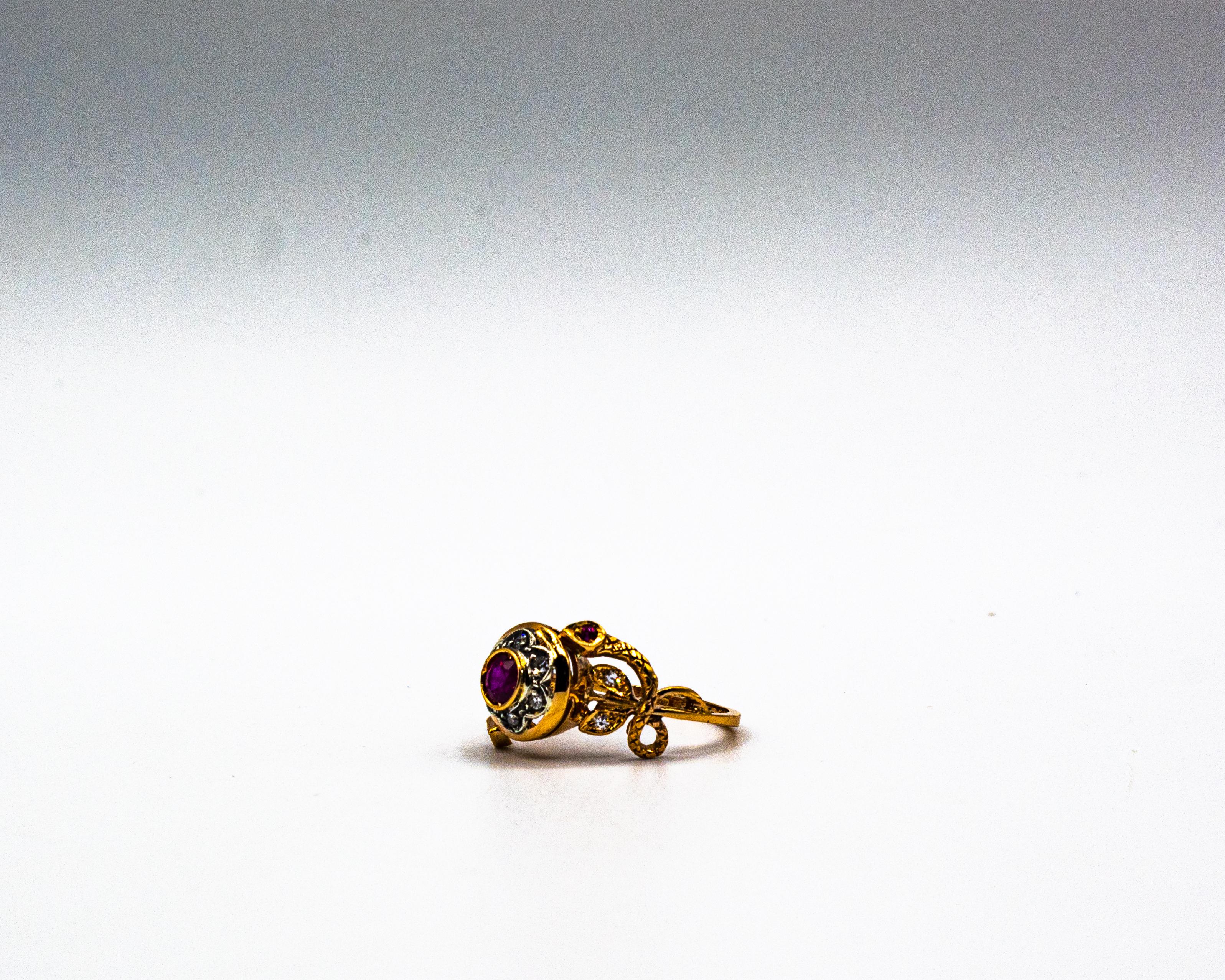 Art Nouveau Style White Old European Cut Diamond Ruby Yellow Gold Cocktail Ring For Sale 5