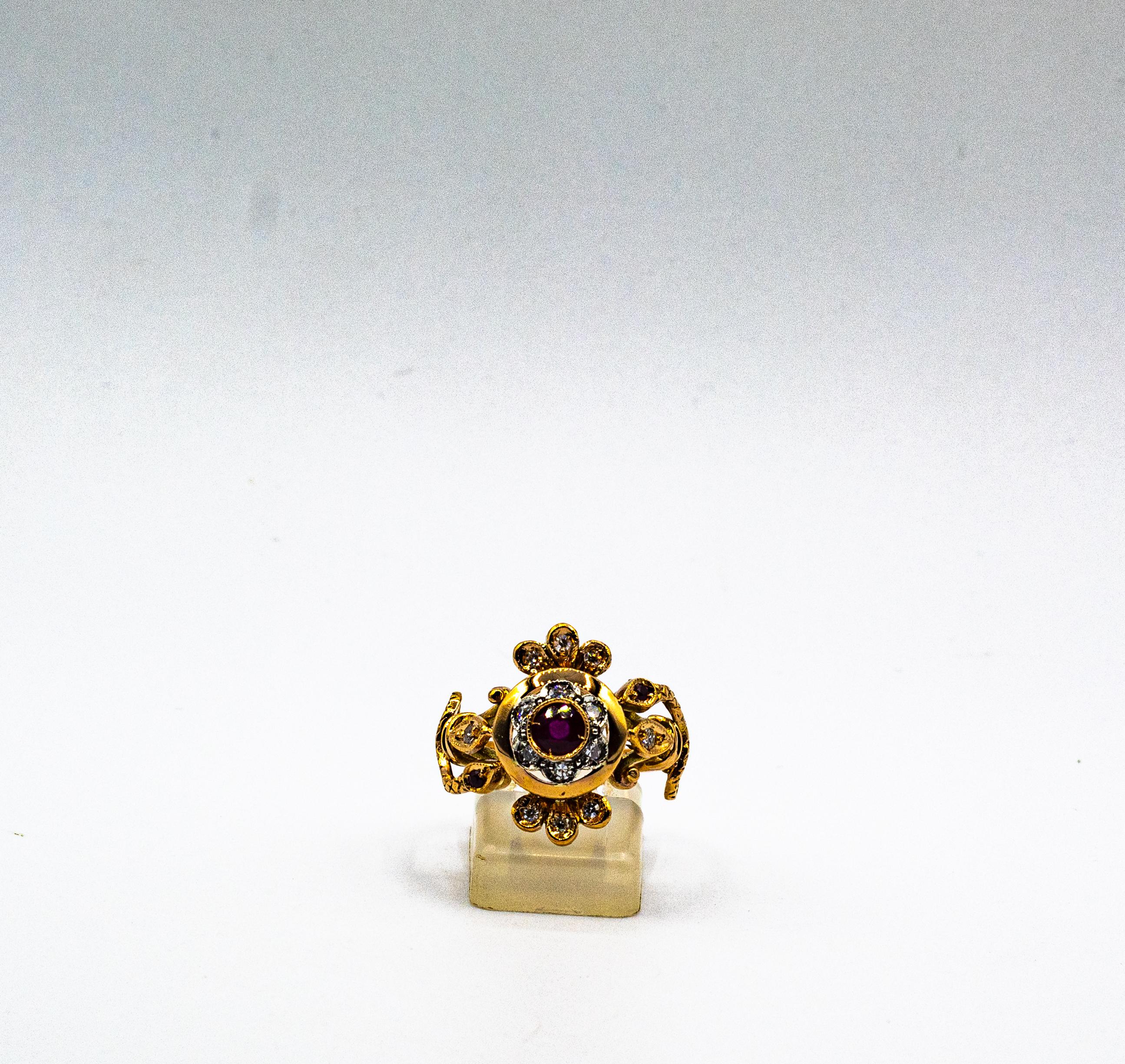 Bague de cocktail en or jaune, diamant blanc de taille européenne, rubis, style Art Nouveau en vente 4