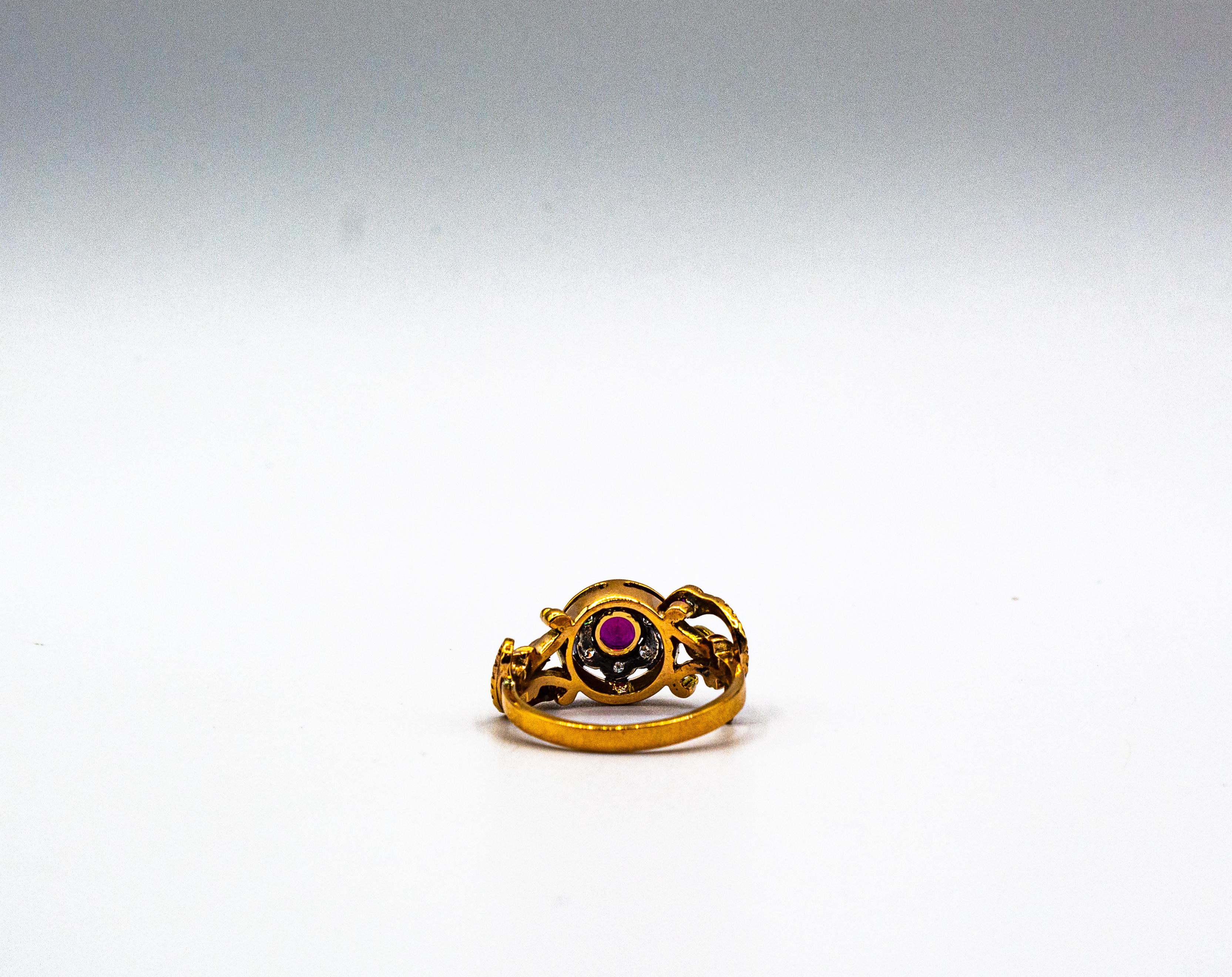 Art Nouveau Style White Old European Cut Diamond Ruby Yellow Gold Cocktail Ring For Sale 6