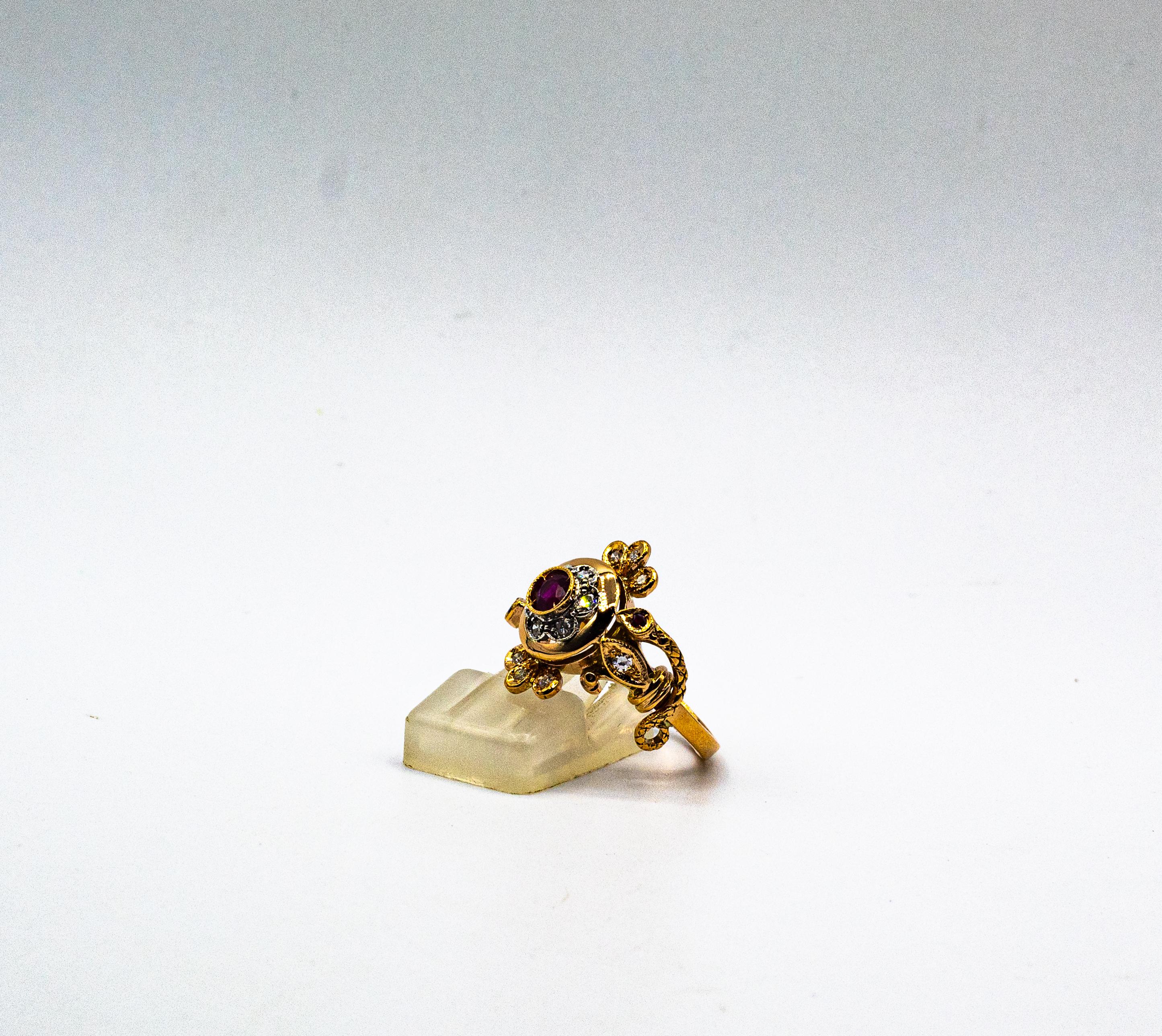 Bague de cocktail en or jaune, diamant blanc de taille européenne, rubis, style Art Nouveau en vente 5