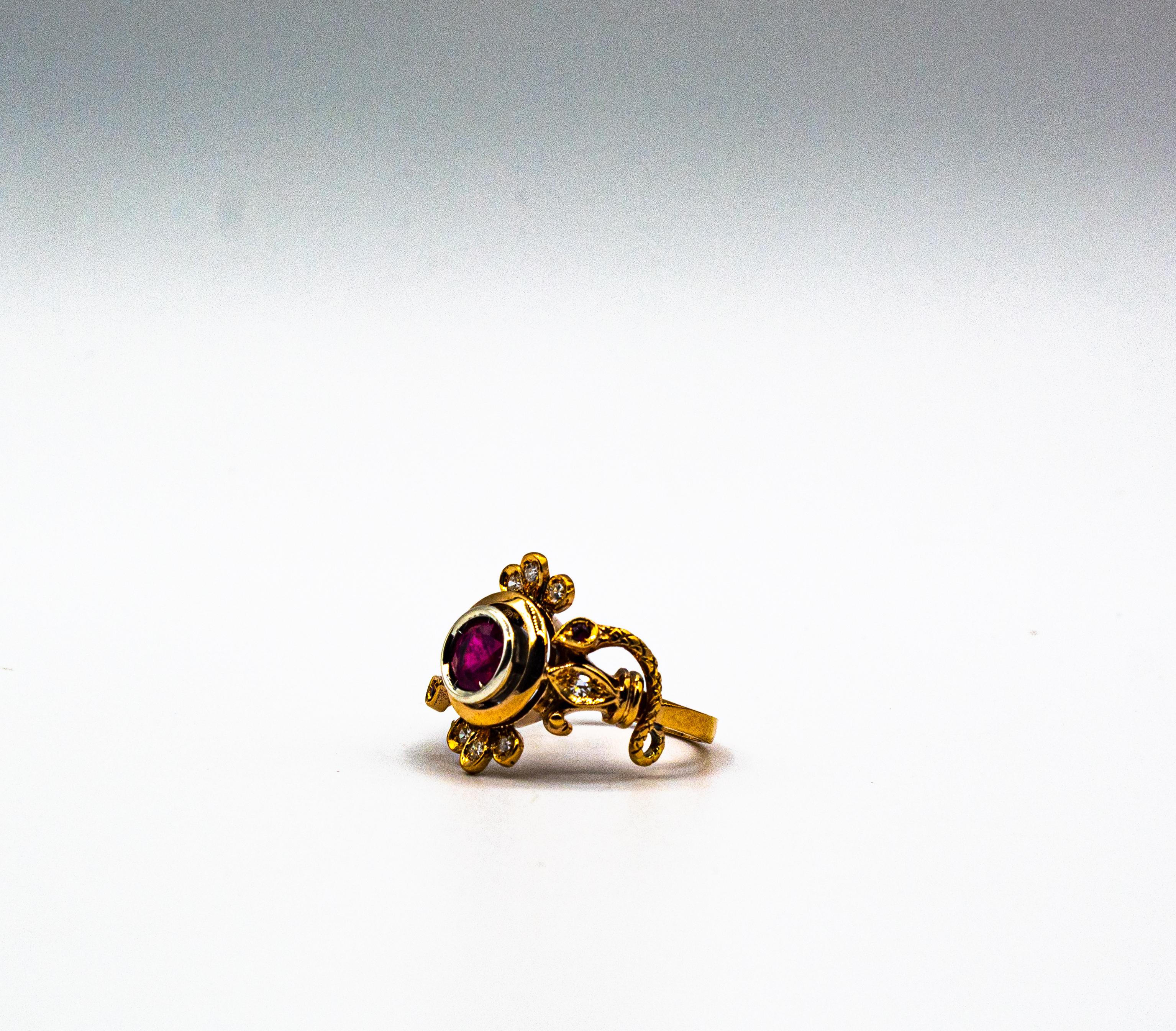 Art Nouveau Style White Old European Cut Diamond Ruby Yellow Gold Cocktail Ring For Sale 7