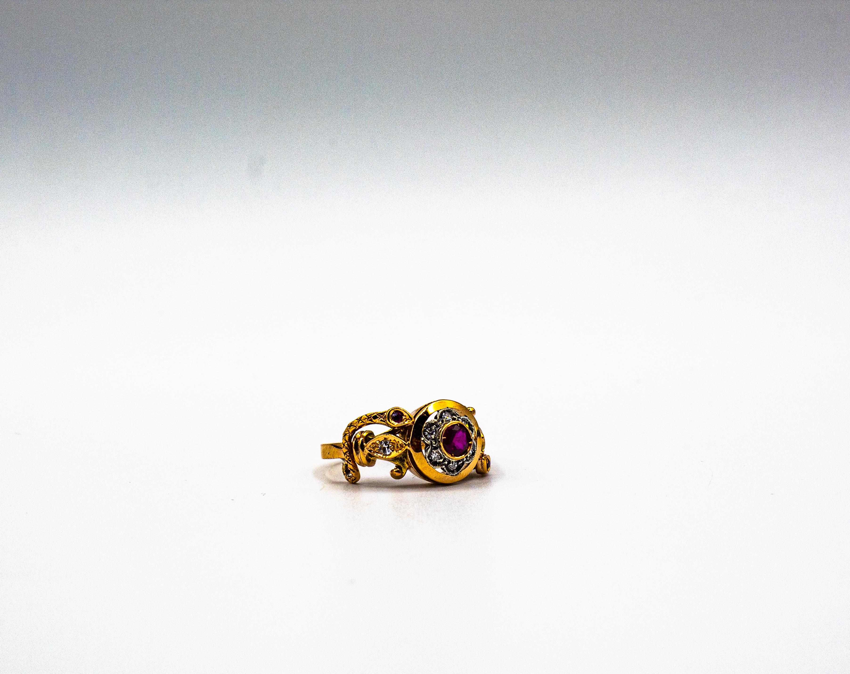 Art Nouveau Style White Old European Cut Diamond Ruby Yellow Gold Cocktail Ring For Sale 7