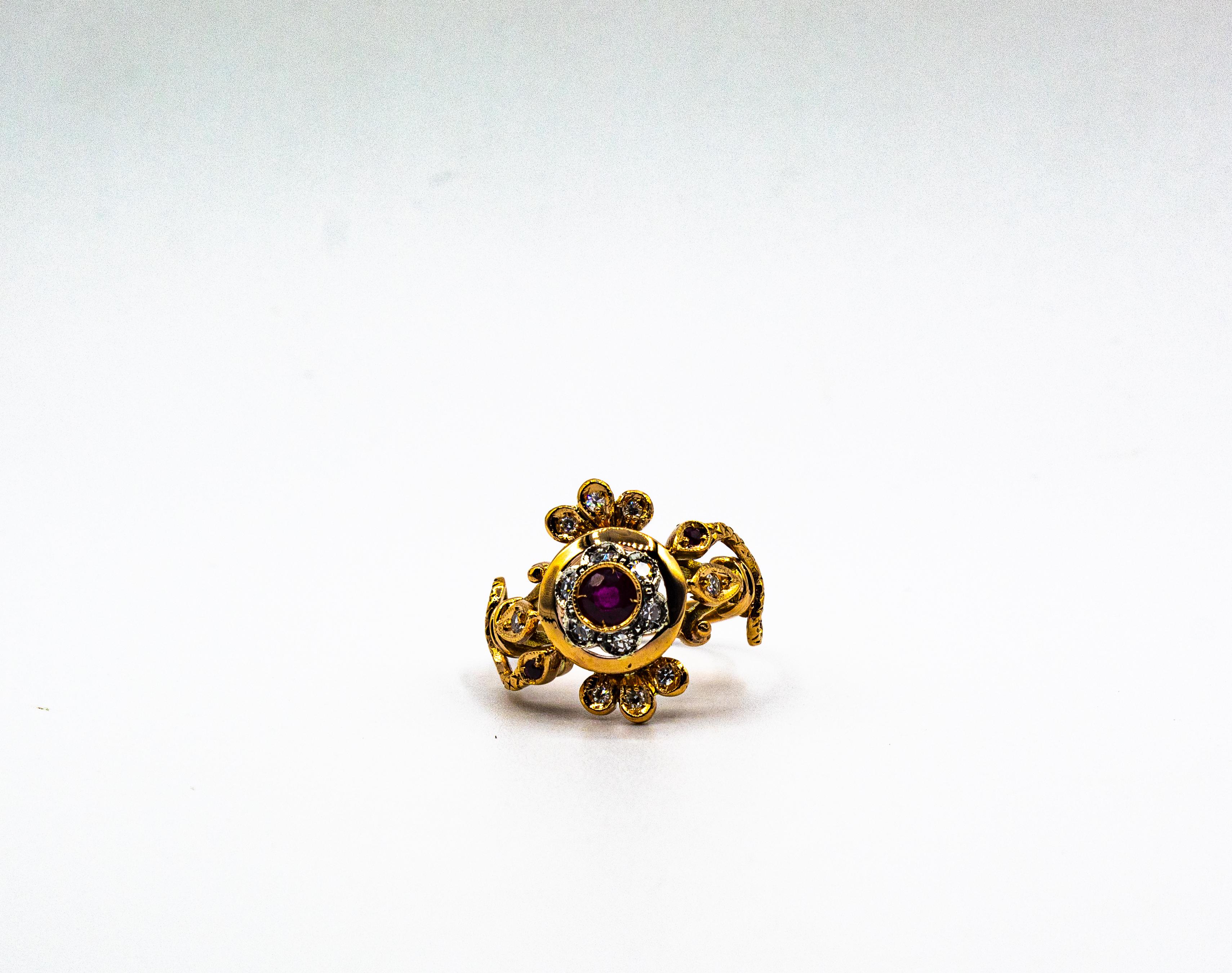 Bague de cocktail en or jaune, diamant blanc de taille européenne, rubis, style Art Nouveau en vente 6