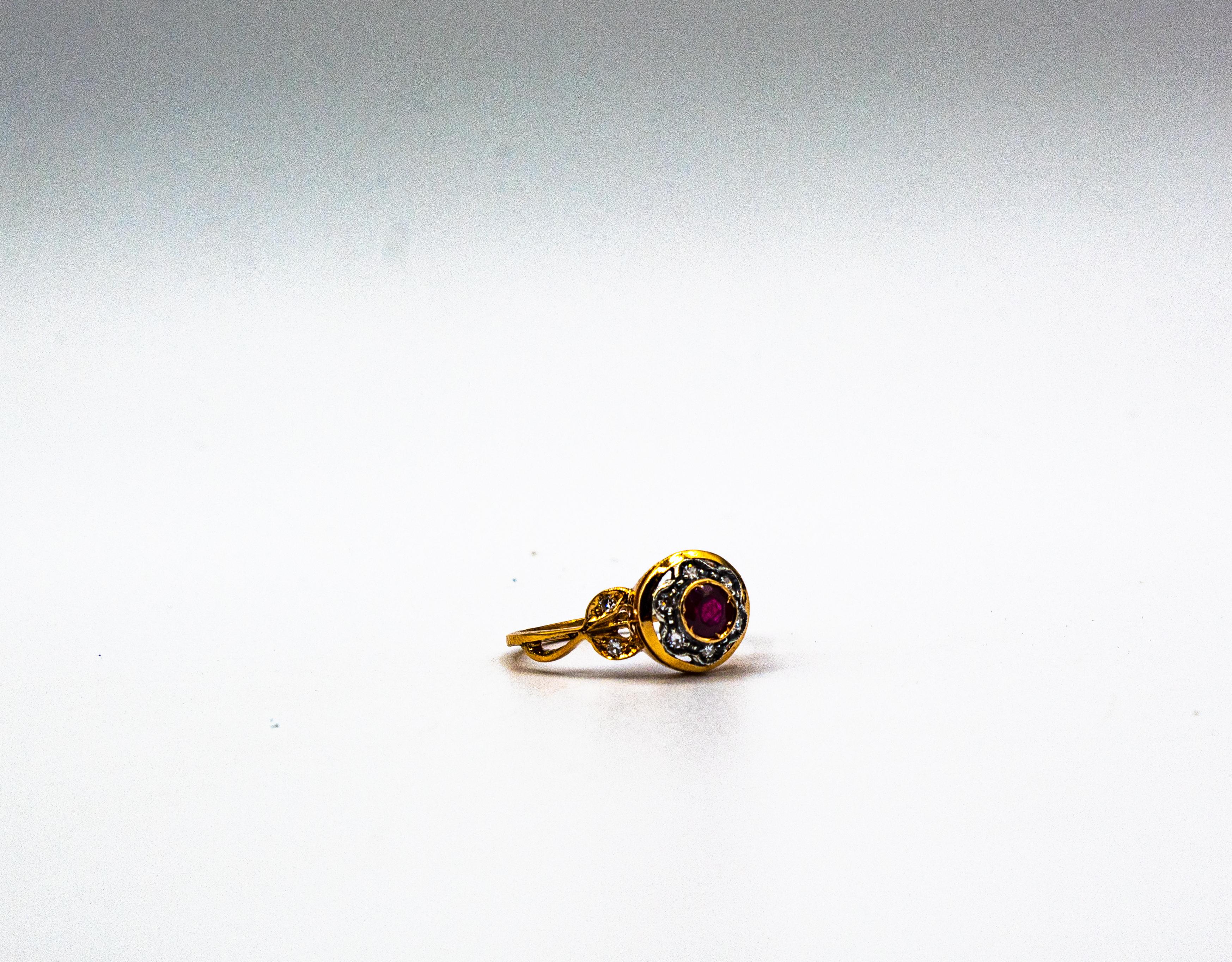 Anillo de cóctel de oro amarillo con diamante rubí de talla europea blanca de estilo Art Nouveau 7