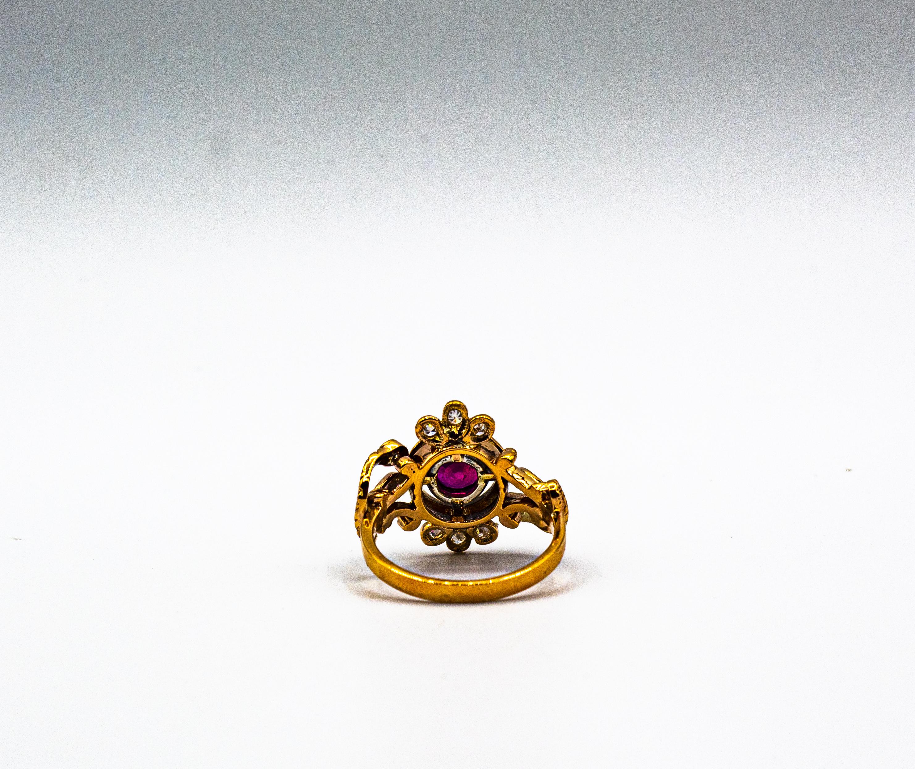 Art Nouveau Style White Old European Cut Diamond Ruby Yellow Gold Cocktail Ring For Sale 8