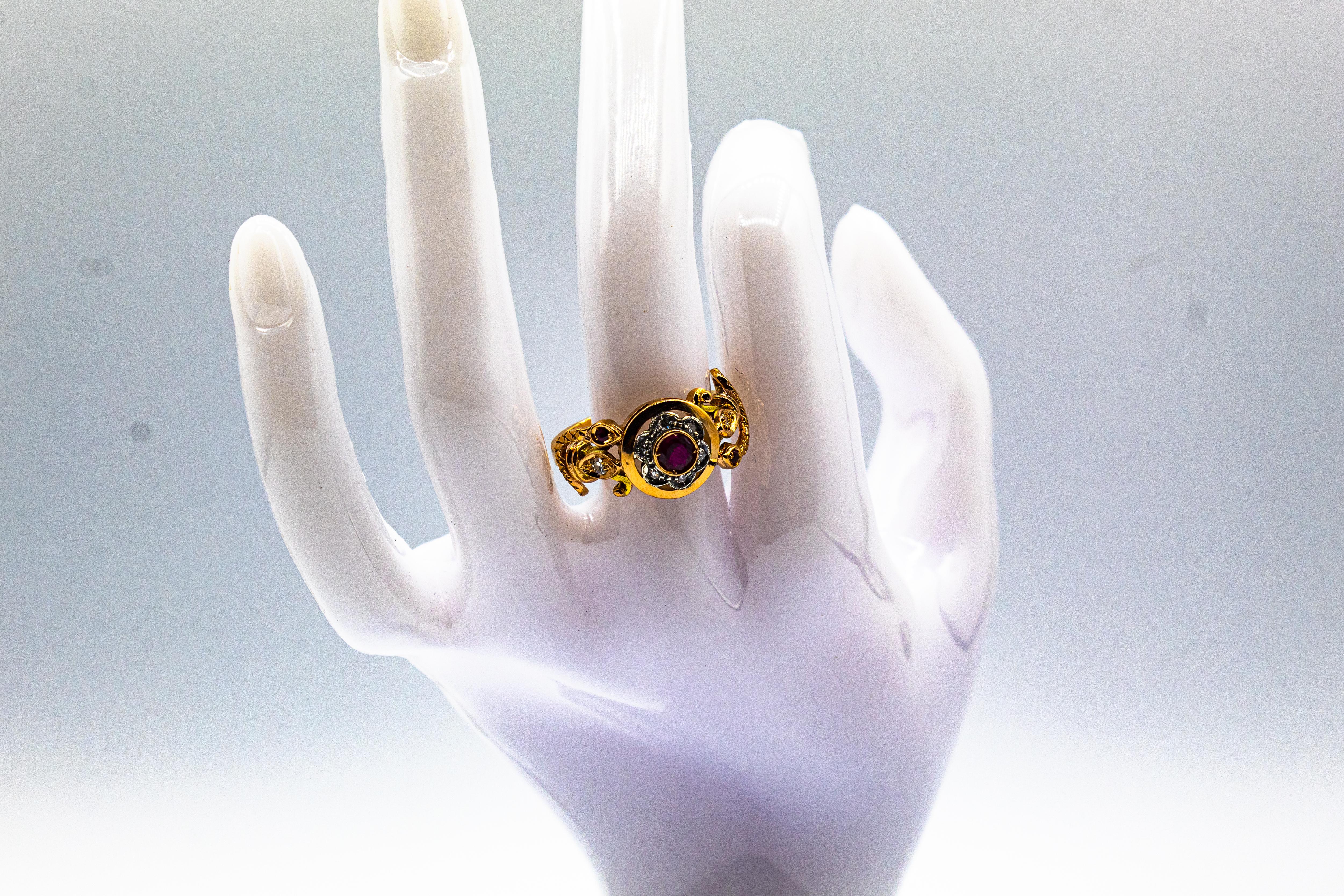 Art Nouveau Style White Old European Cut Diamond Ruby Yellow Gold Cocktail Ring For Sale 8