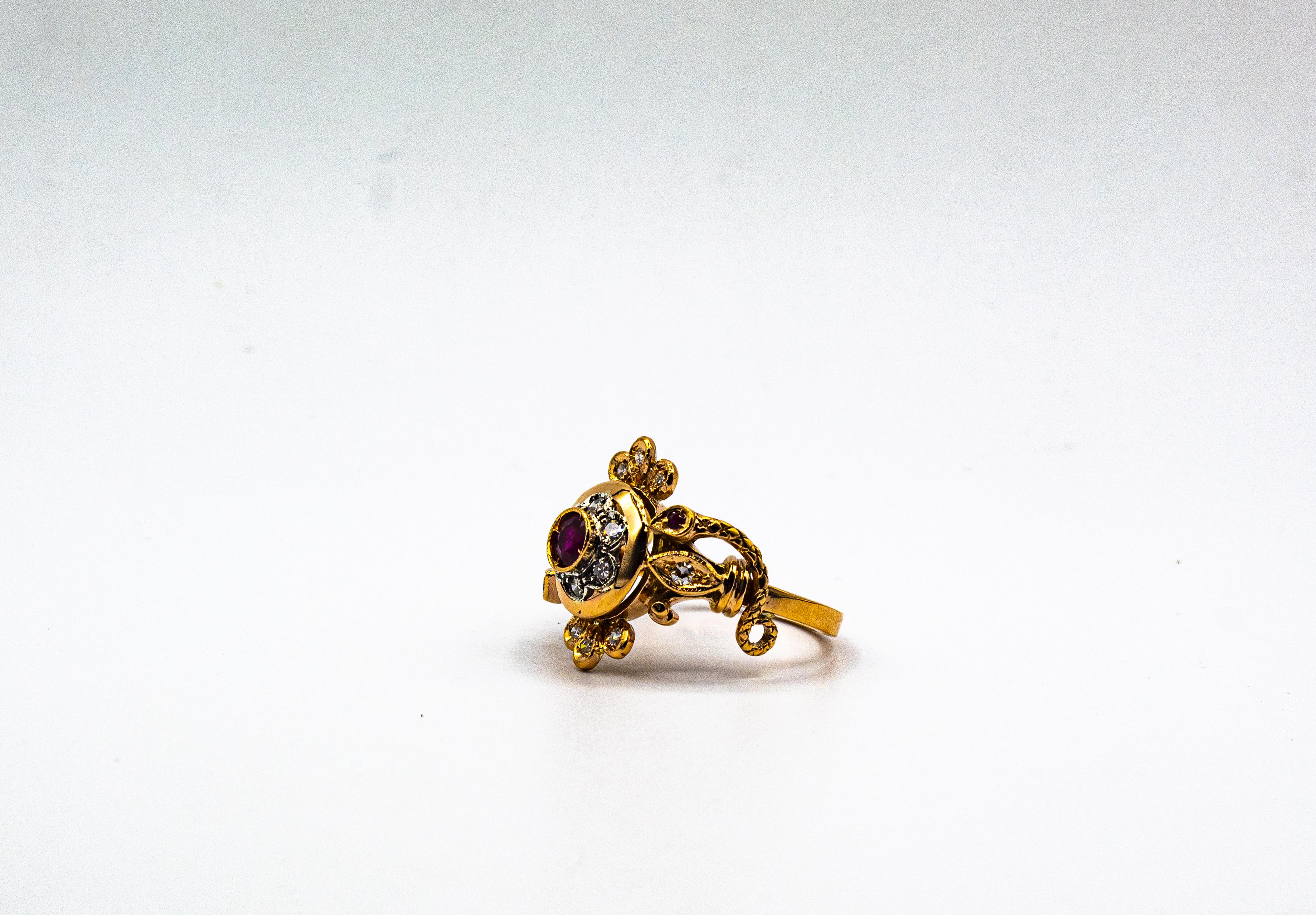 Bague de cocktail en or jaune, diamant blanc de taille européenne, rubis, style Art Nouveau en vente 7