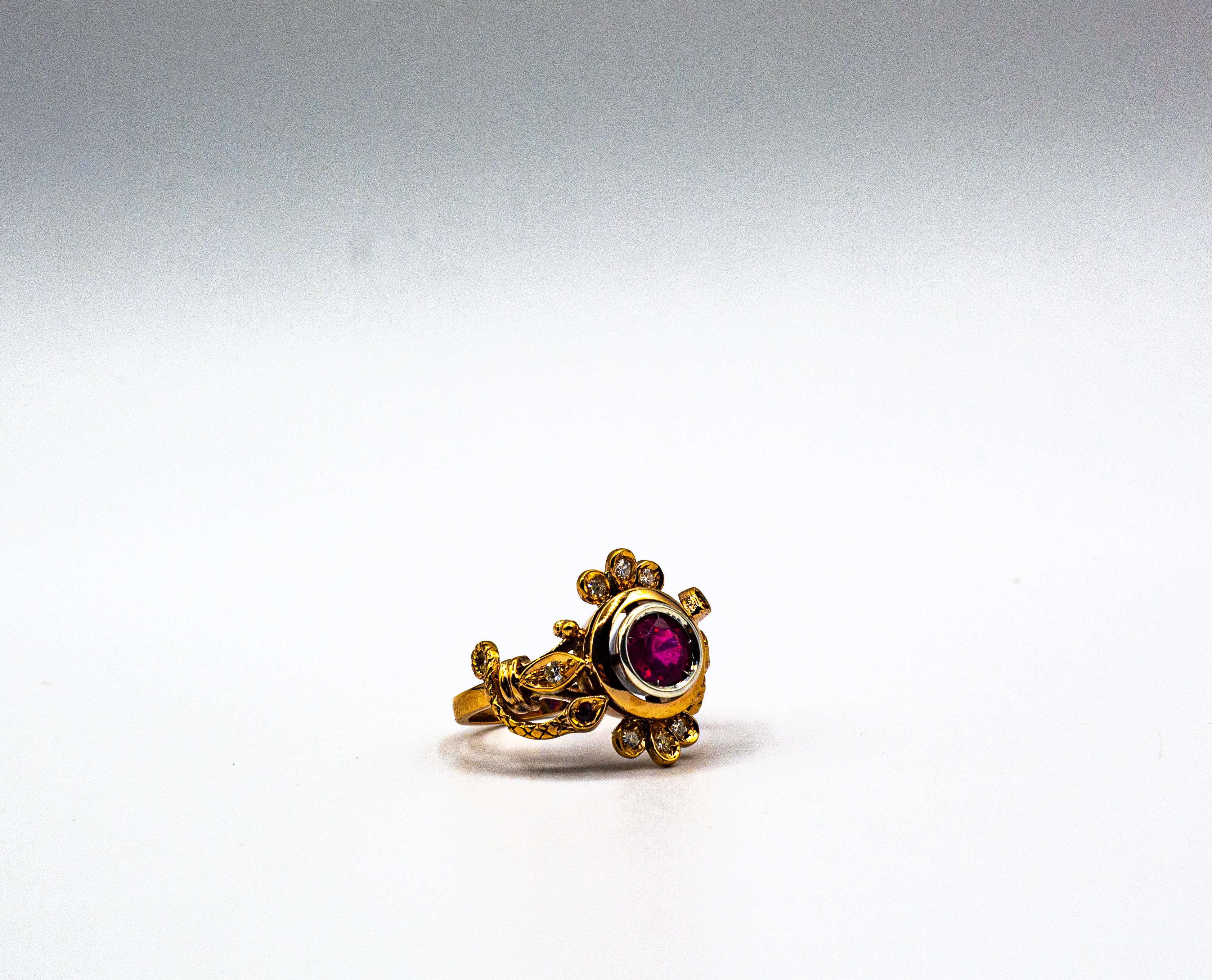 Art Nouveau Style White Old European Cut Diamond Ruby Yellow Gold Cocktail Ring For Sale 9