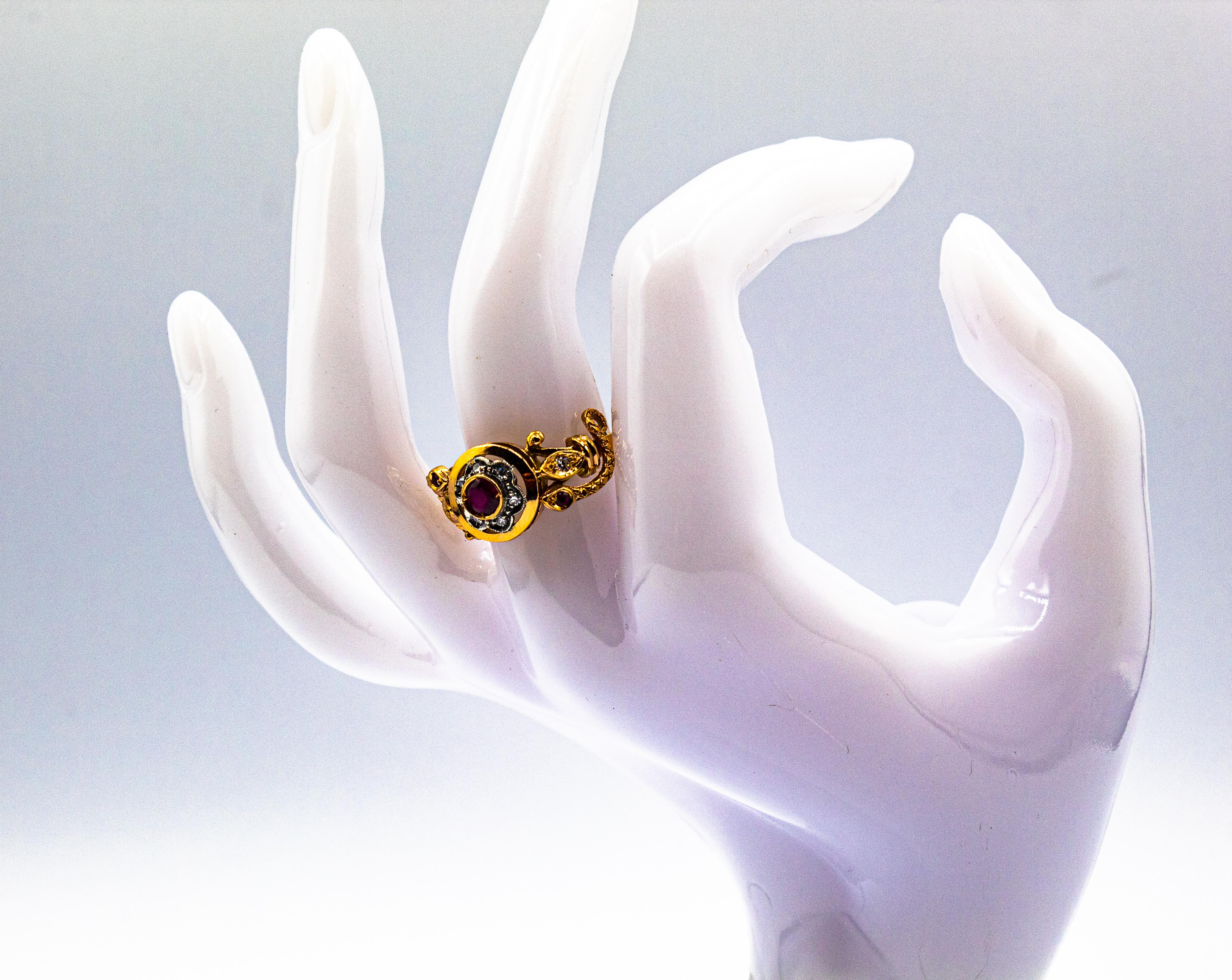 Art Nouveau Style White Old European Cut Diamond Ruby Yellow Gold Cocktail Ring For Sale 9