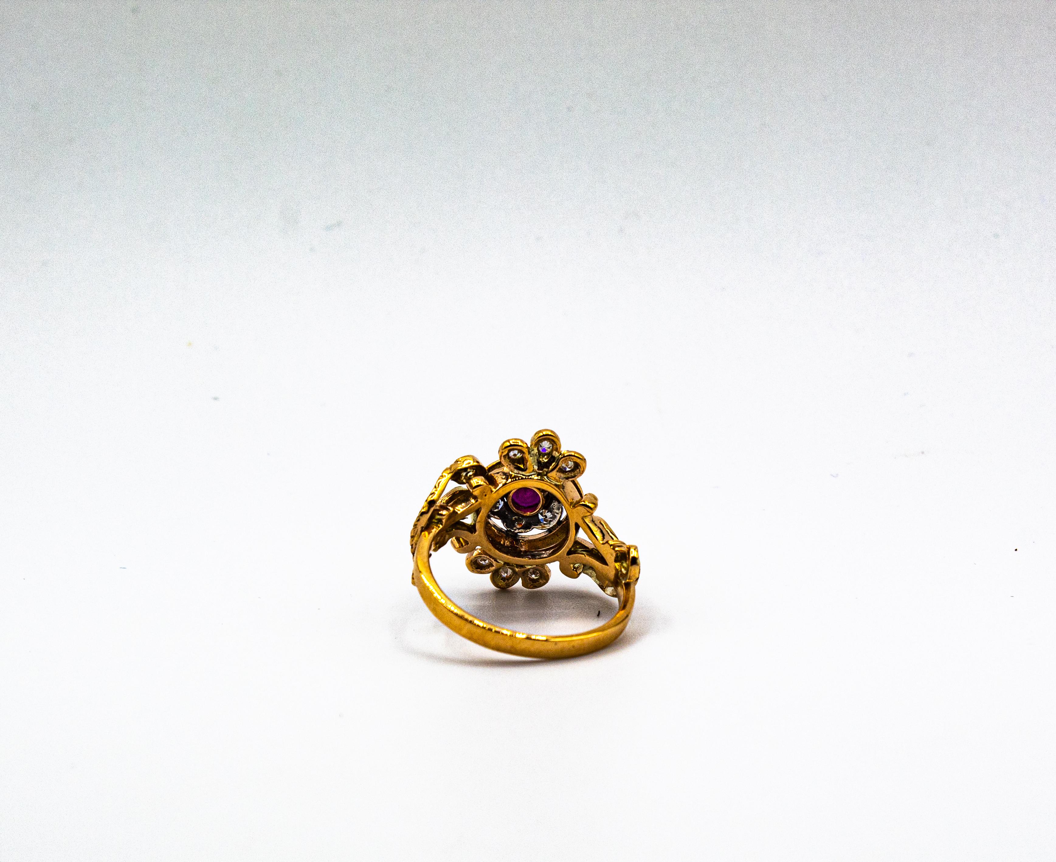 Bague de cocktail en or jaune, diamant blanc de taille européenne, rubis, style Art Nouveau en vente 8