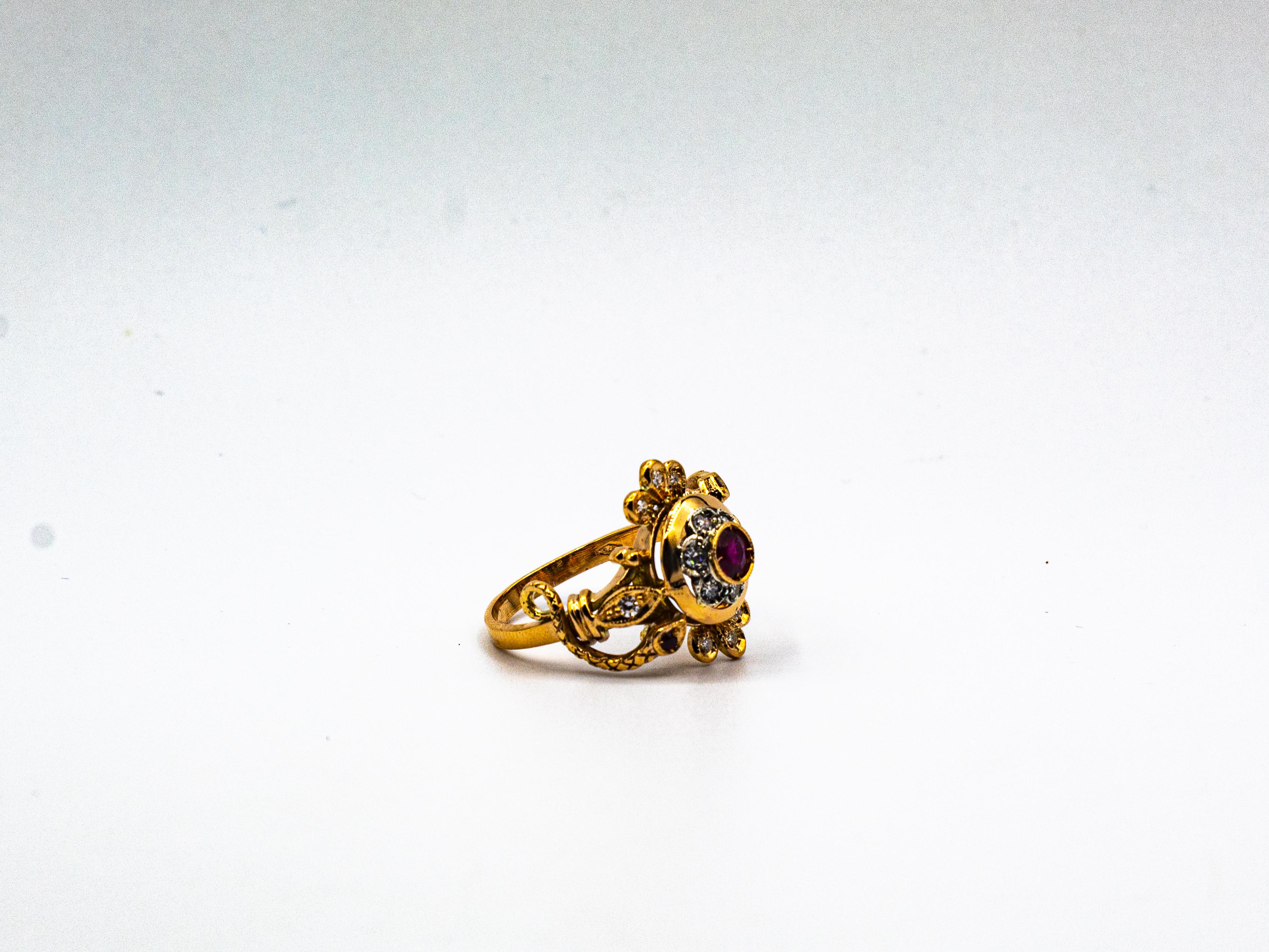 Bague de cocktail en or jaune, diamant blanc de taille européenne, rubis, style Art Nouveau en vente 9