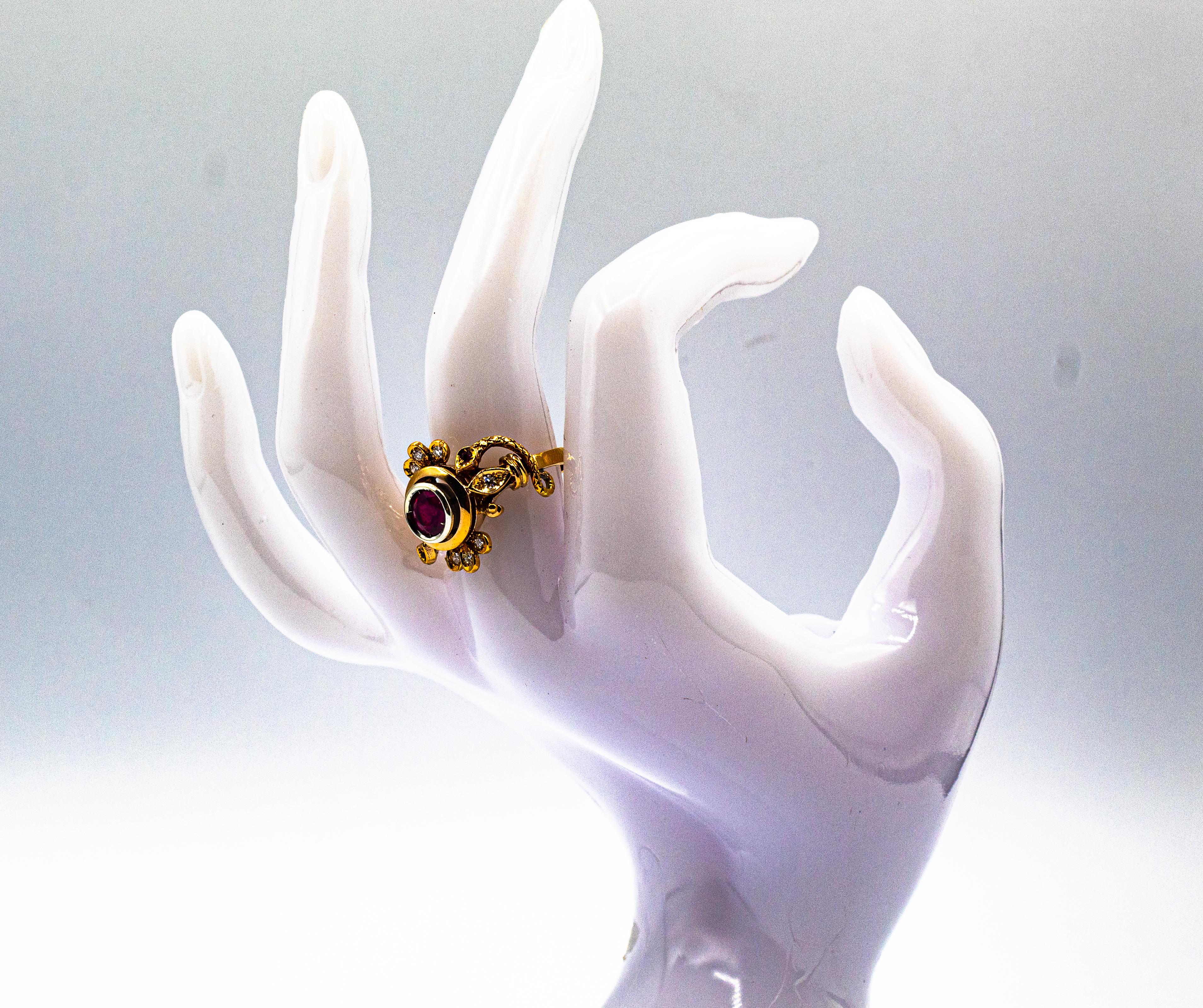 Art Nouveau Style White Old European Cut Diamond Ruby Yellow Gold Cocktail Ring For Sale 11