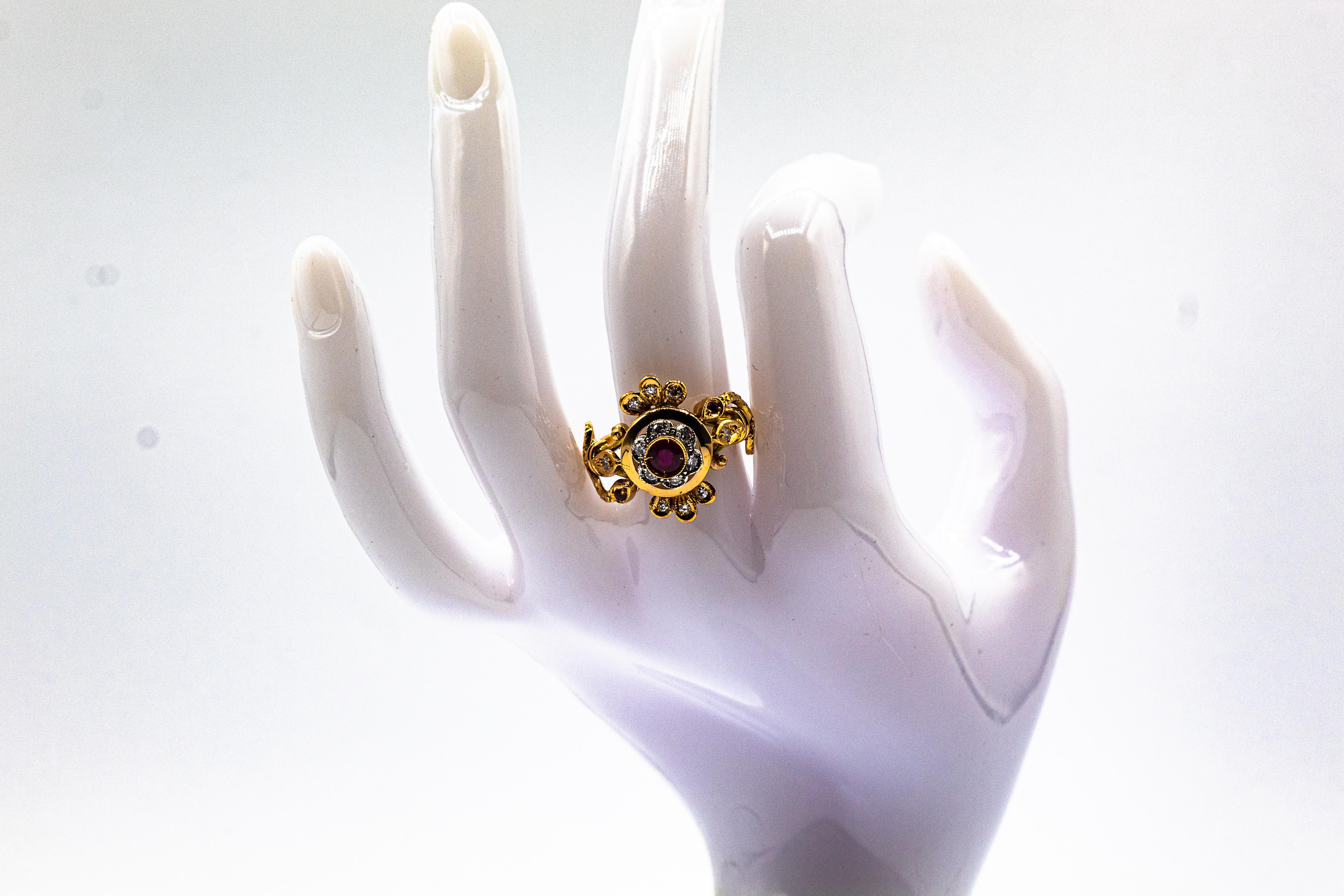 Bague de cocktail en or jaune, diamant blanc de taille européenne, rubis, style Art Nouveau en vente 10