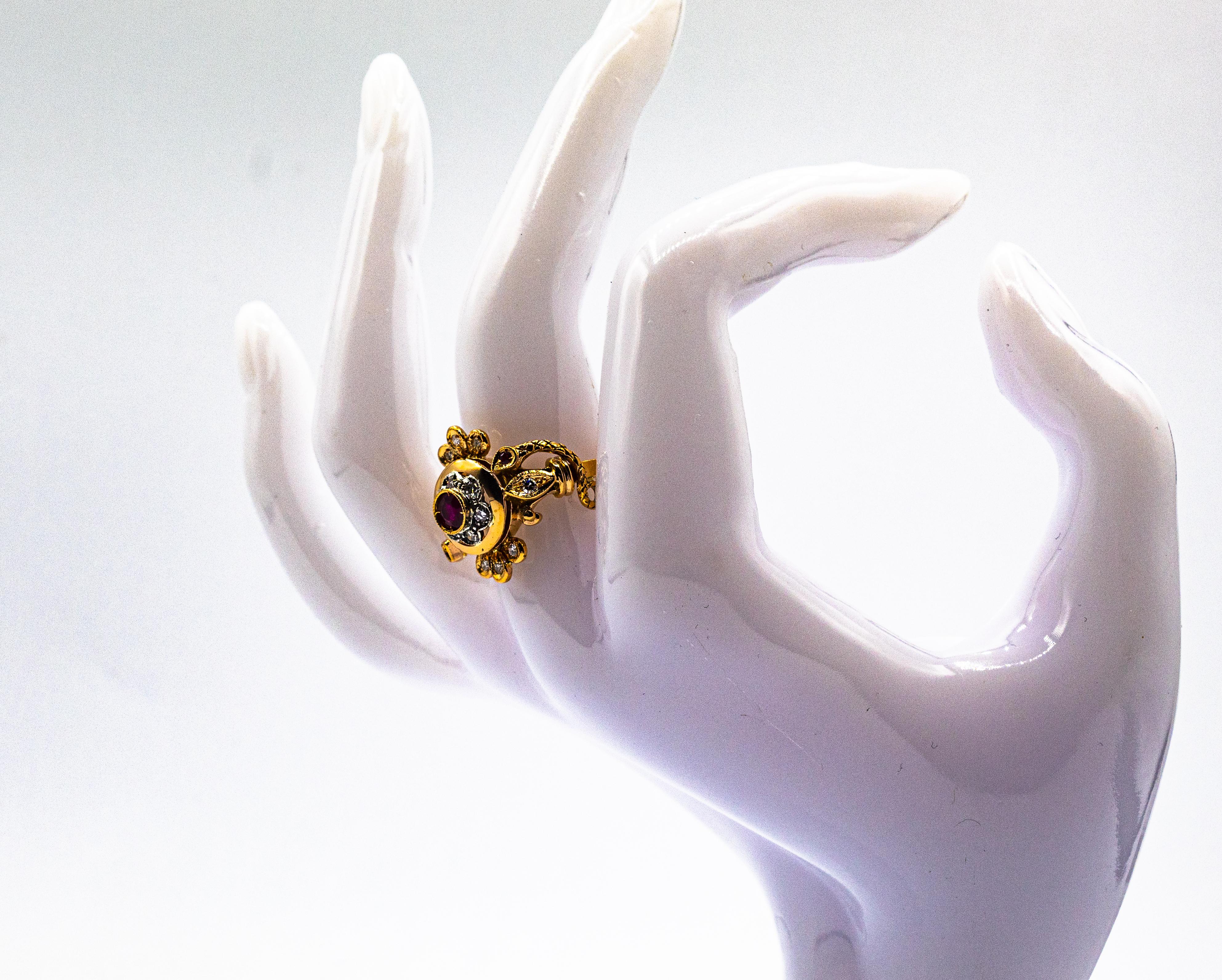 Bague de cocktail en or jaune, diamant blanc de taille européenne, rubis, style Art Nouveau en vente 11