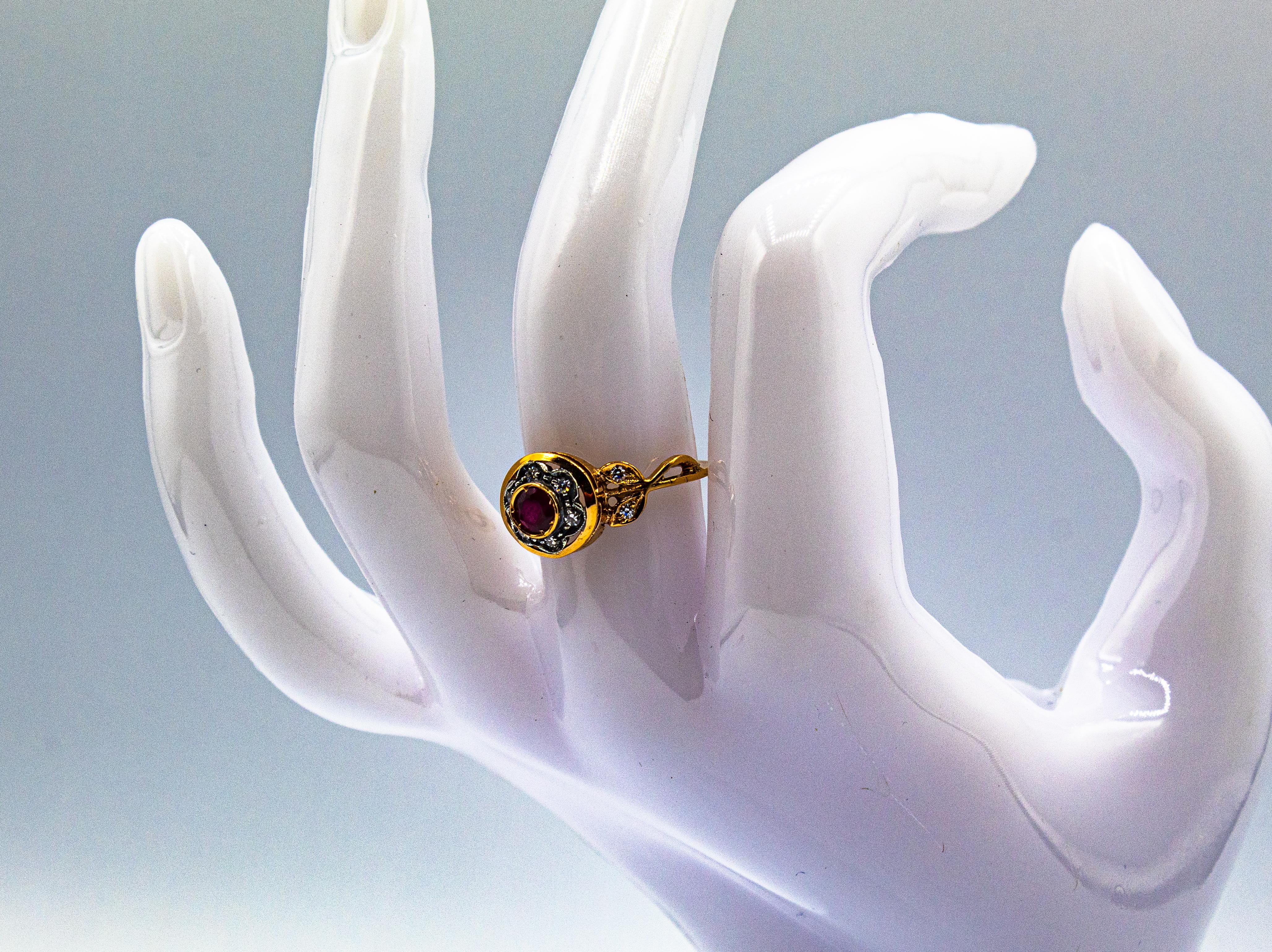 Anillo de cóctel de oro amarillo con diamante rubí de talla europea blanca de estilo Art Nouveau 12